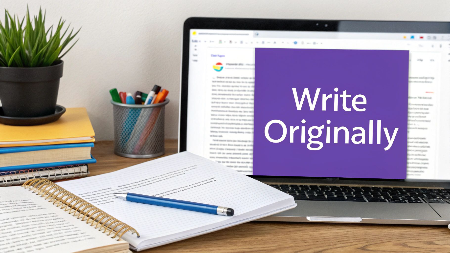 A person diligently taking notes with a pen and paper, surrounded by books, illustrating a focus on original thought.