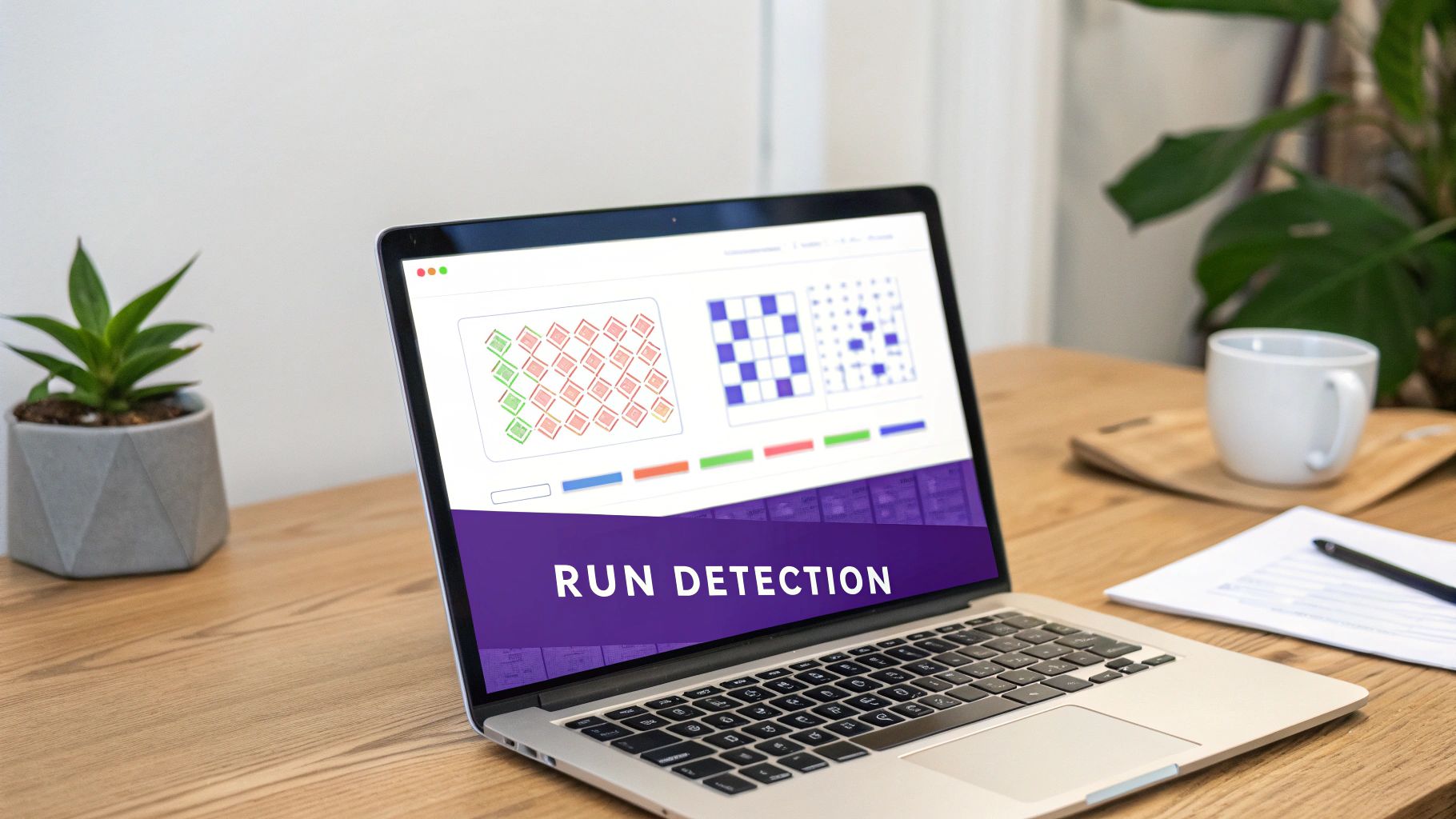 A laptop on a wooden desk displays a 'RUN DETECTION' interface with data patterns.