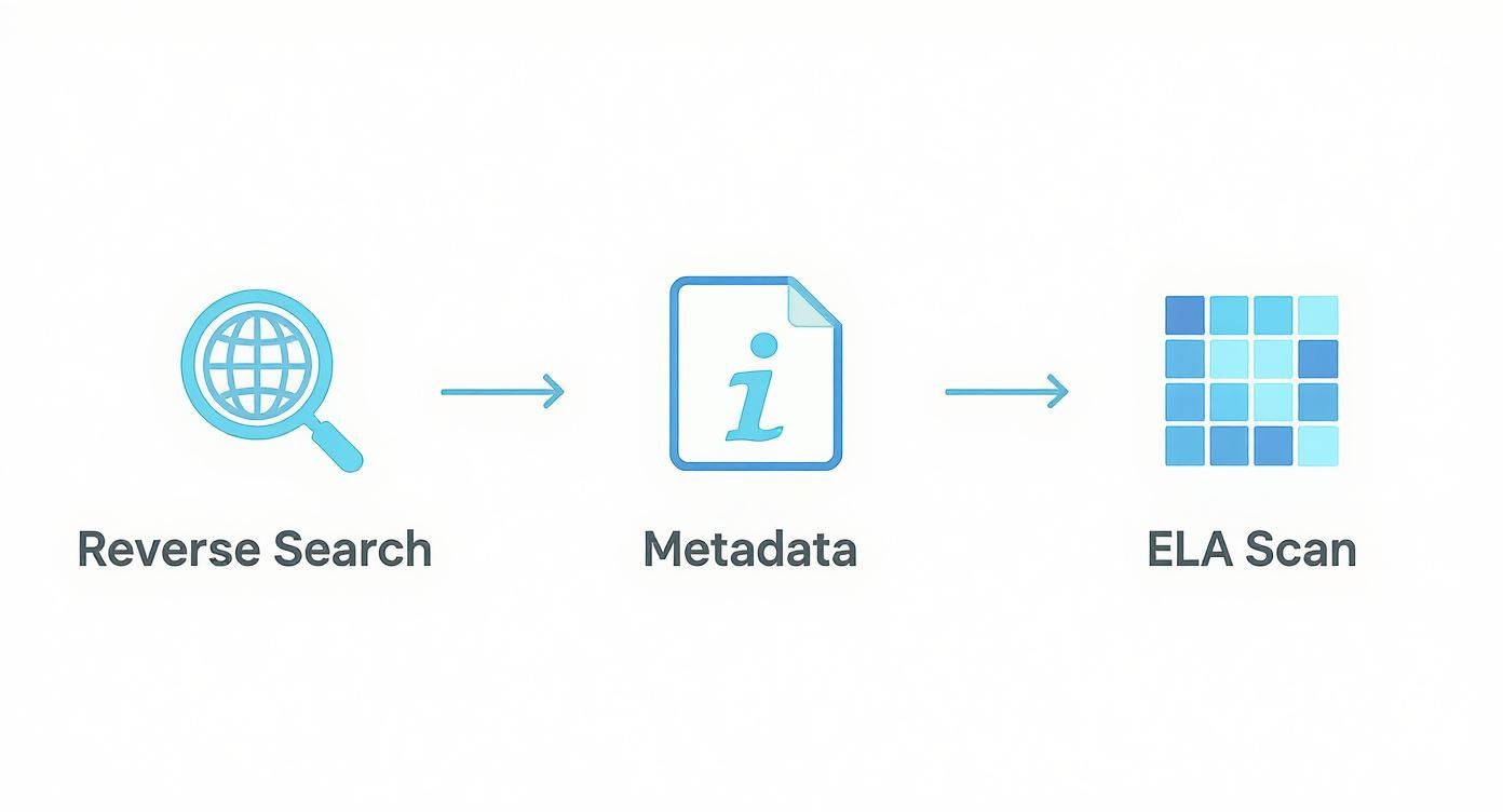Infographic showing a 3-step image investigation process: Reverse Search, Metadata inspection, and ELA Scan.