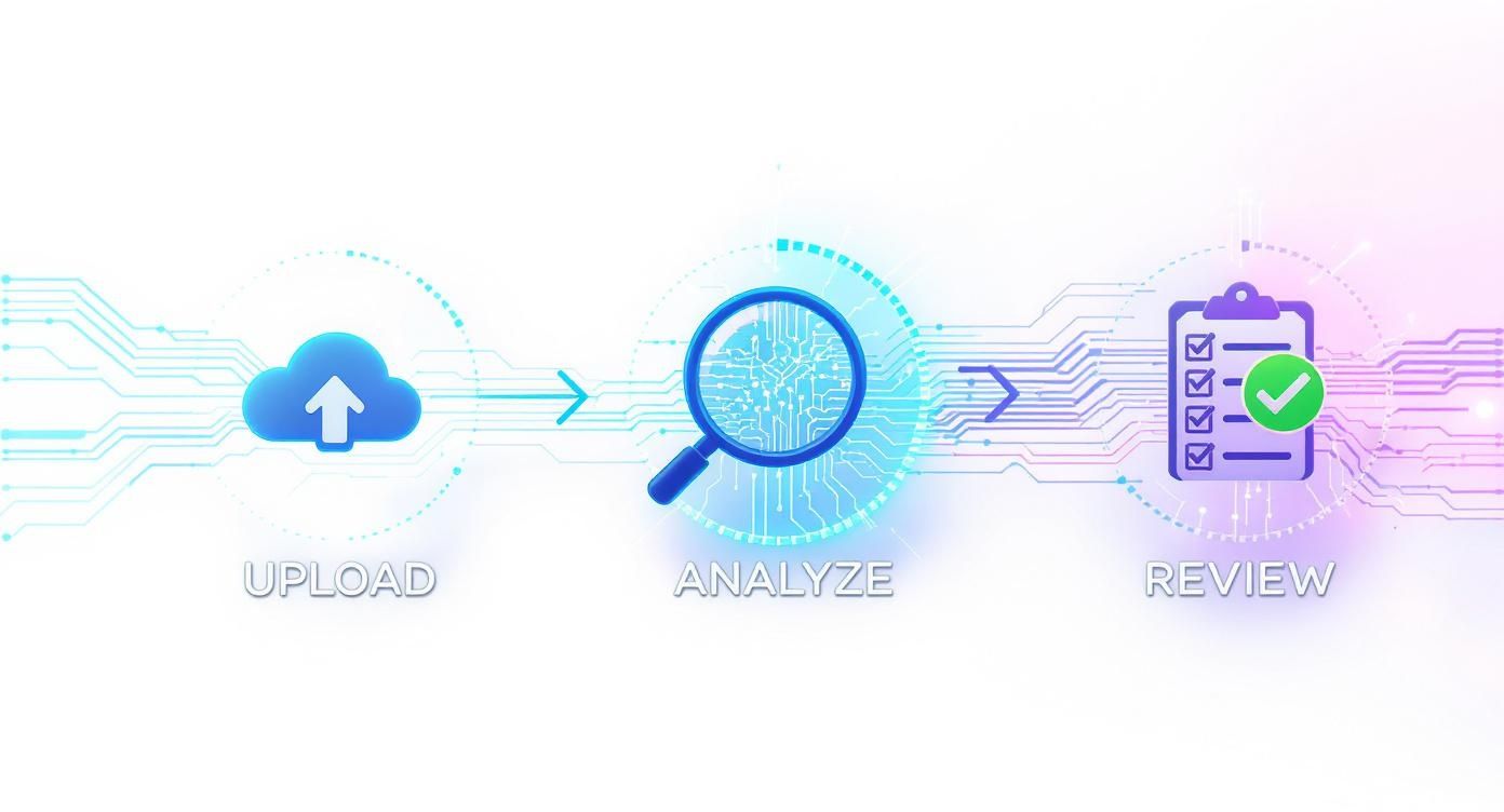 A three-step digital process showing upload (cloud), analyze (magnifying glass), and review (checklist).