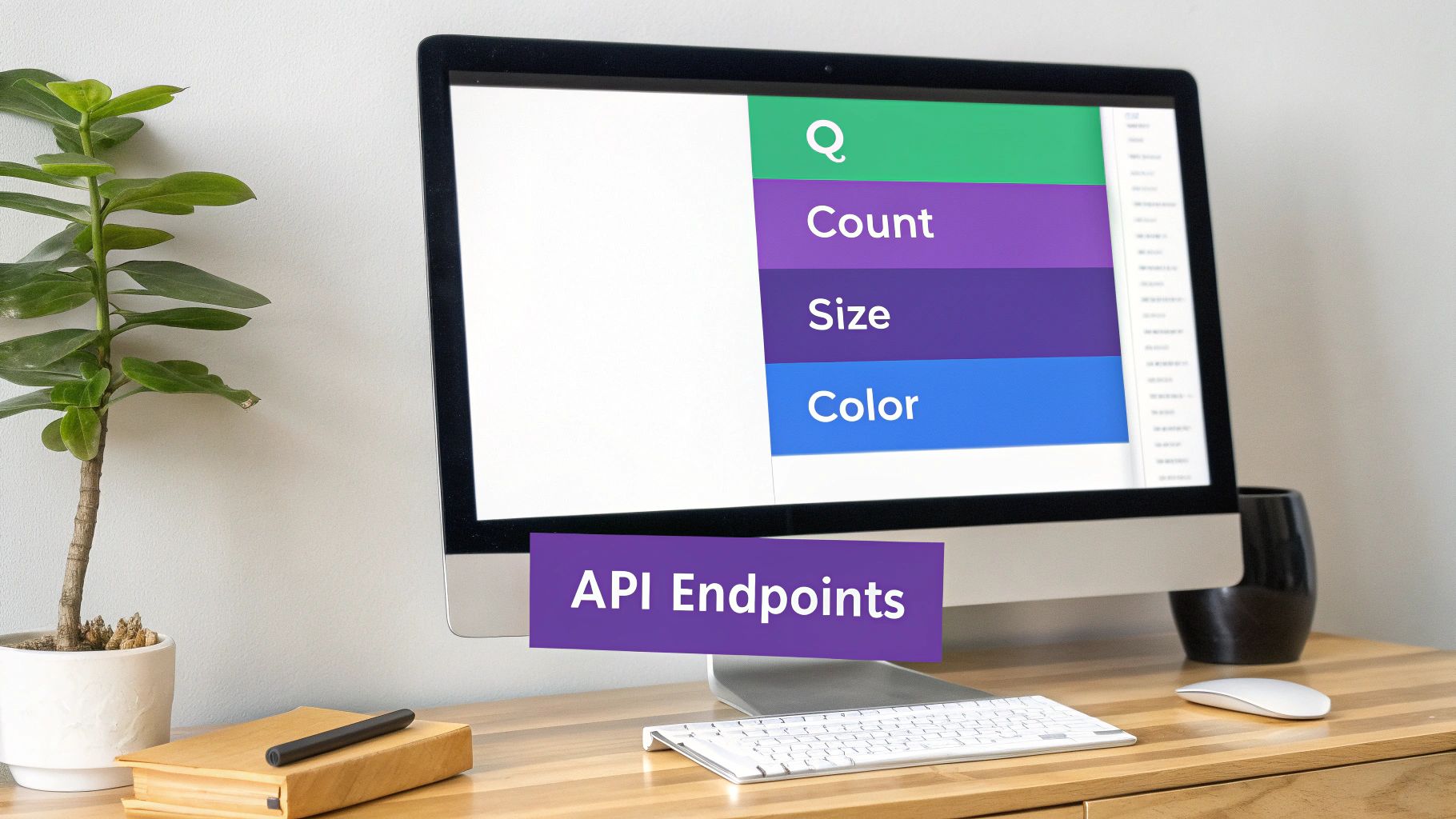A computer screen displaying 'API Endpoints' along with categories like Count, Size, and Color, on a wooden desk.