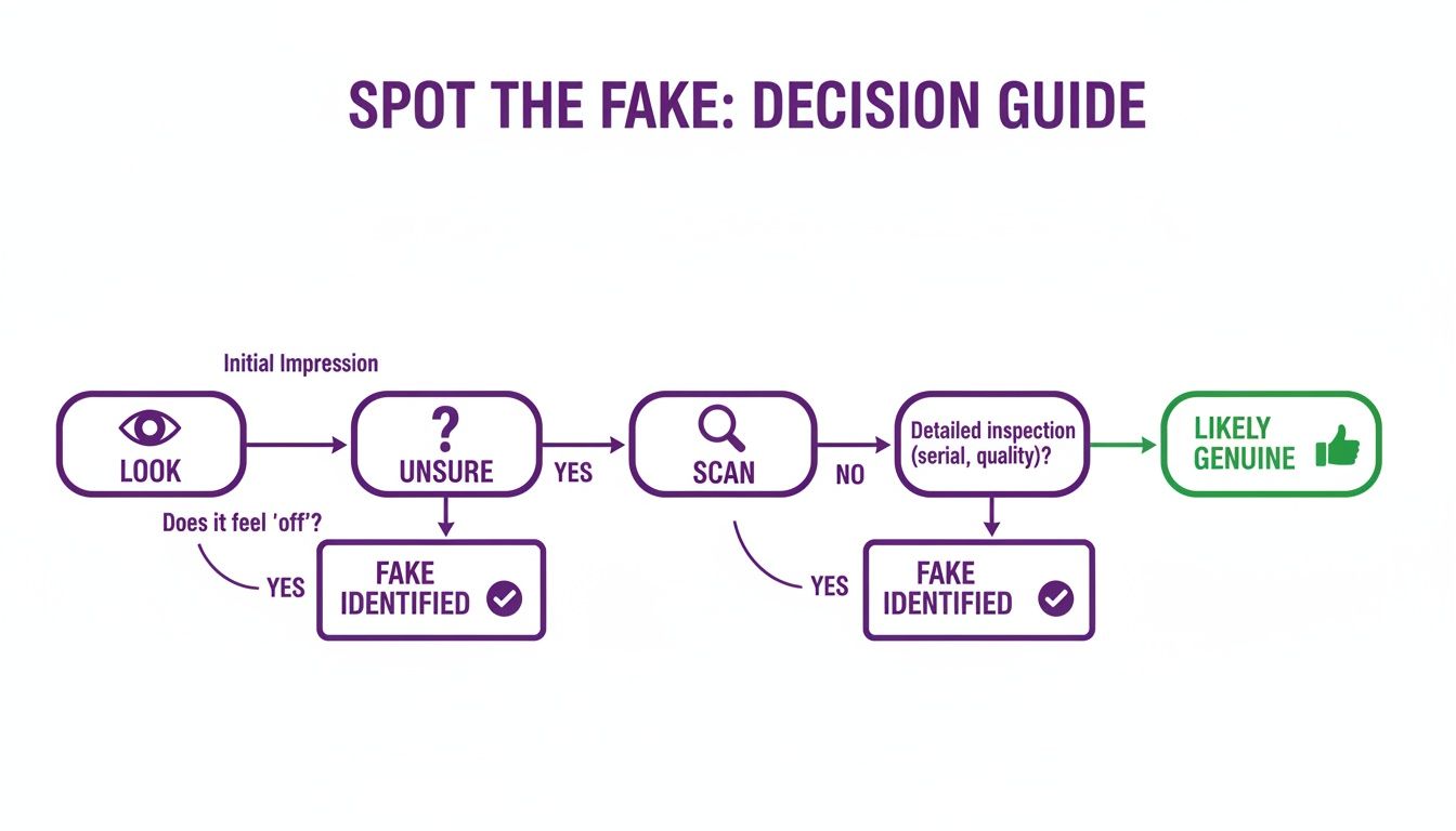 Flowchart illustrating a decision guide process to spot fake items, from initial look to detailed inspection.