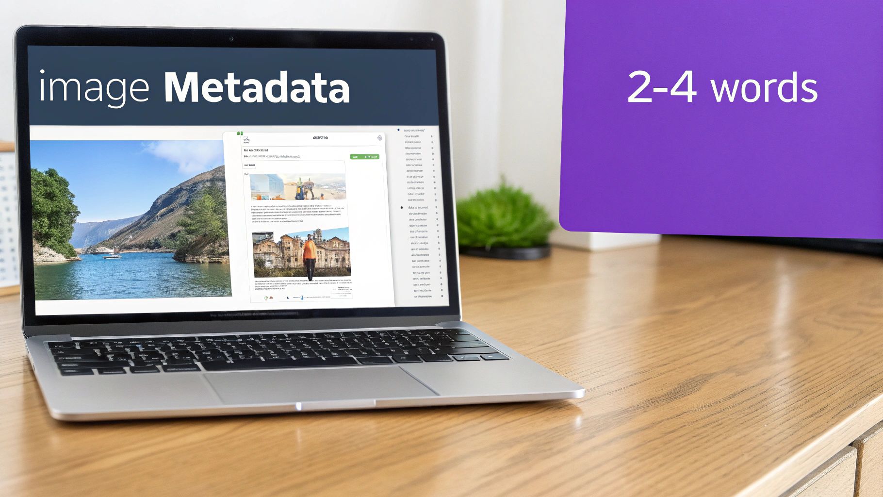 Laptop displaying image metadata interface with scenic photograph and travel blog content on wooden desk