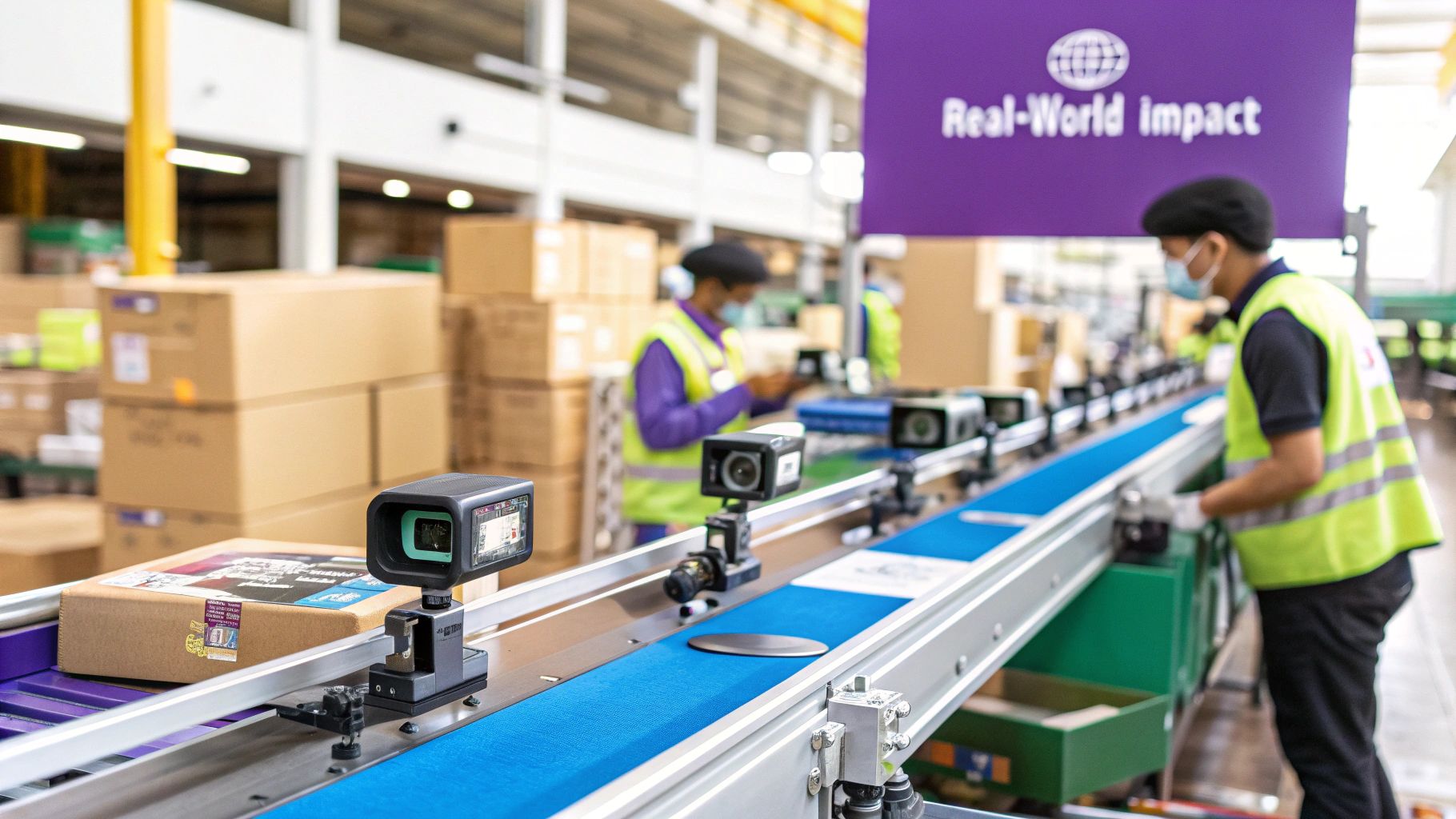 A split-screen image showing different real-world applications of AI photo analysis: healthcare, retail, and agriculture.