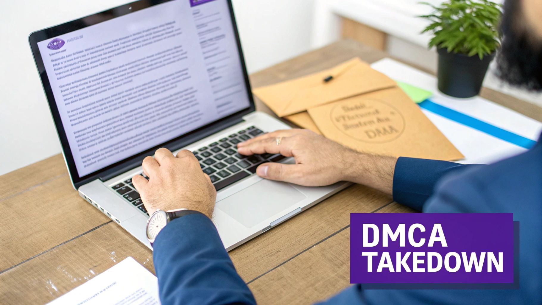 A person typing on a laptop, working on a DMCA takedown notice, with legal envelopes nearby.