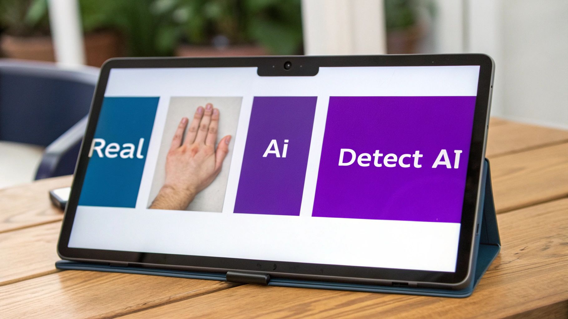 A tablet displays a presentation slide showing 'Real' next to a human hand, and 'Ai Detect AI'.