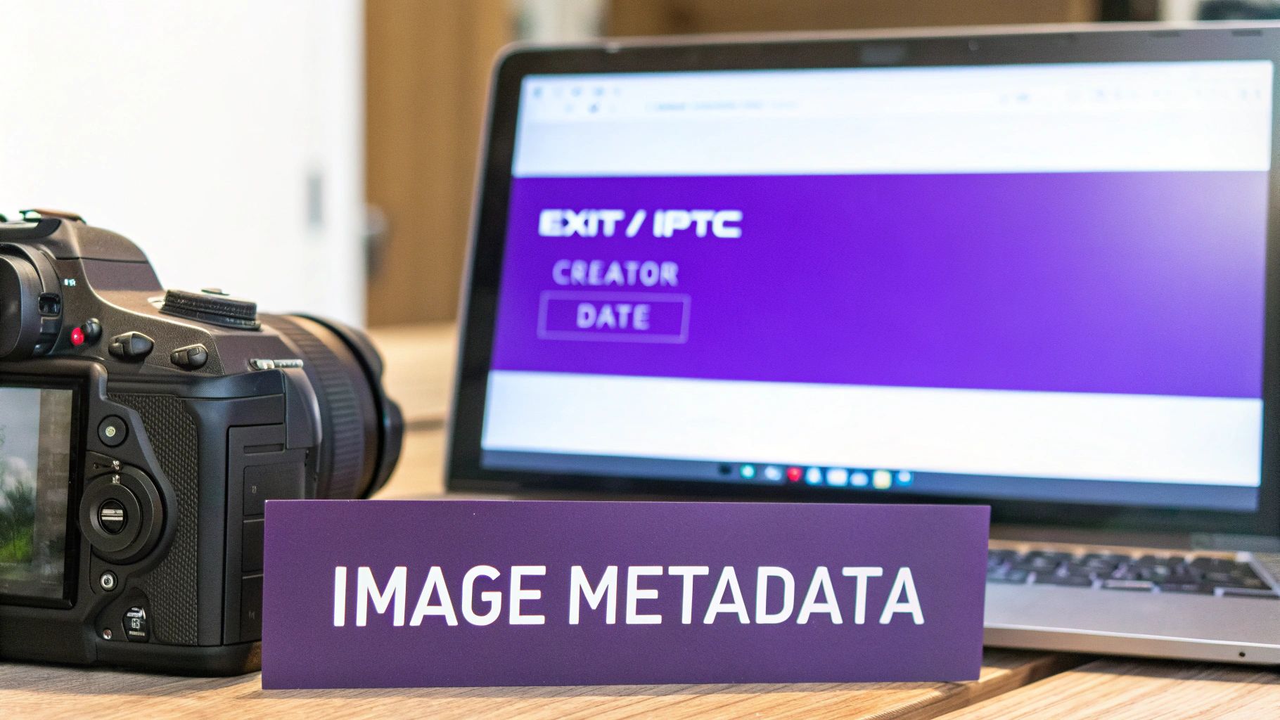 A digital camera and laptop displaying EXIF/IPTC metadata fields, with a 'IMAGE METADATA' sign.