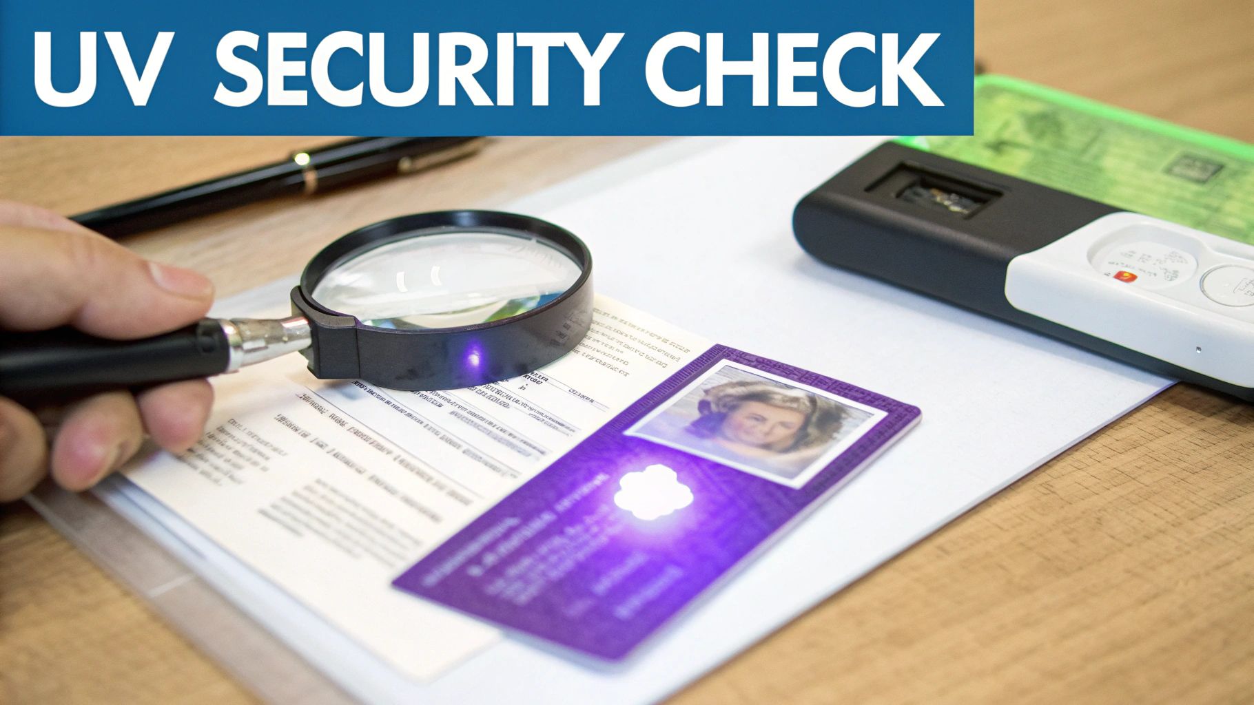 A hand inspects documents with a magnifying glass, while an ID card glows under UV light for a security check.