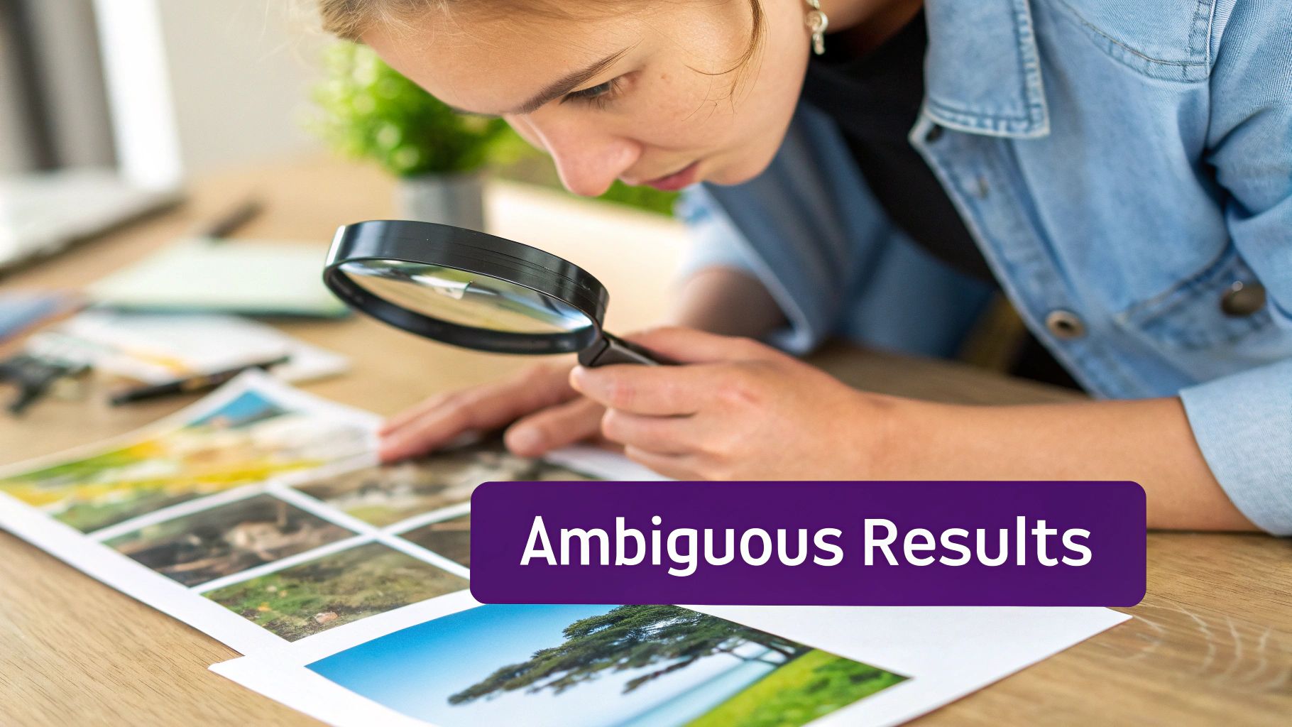 A woman closely examines printed images on a wooden desk using a magnifying glass.