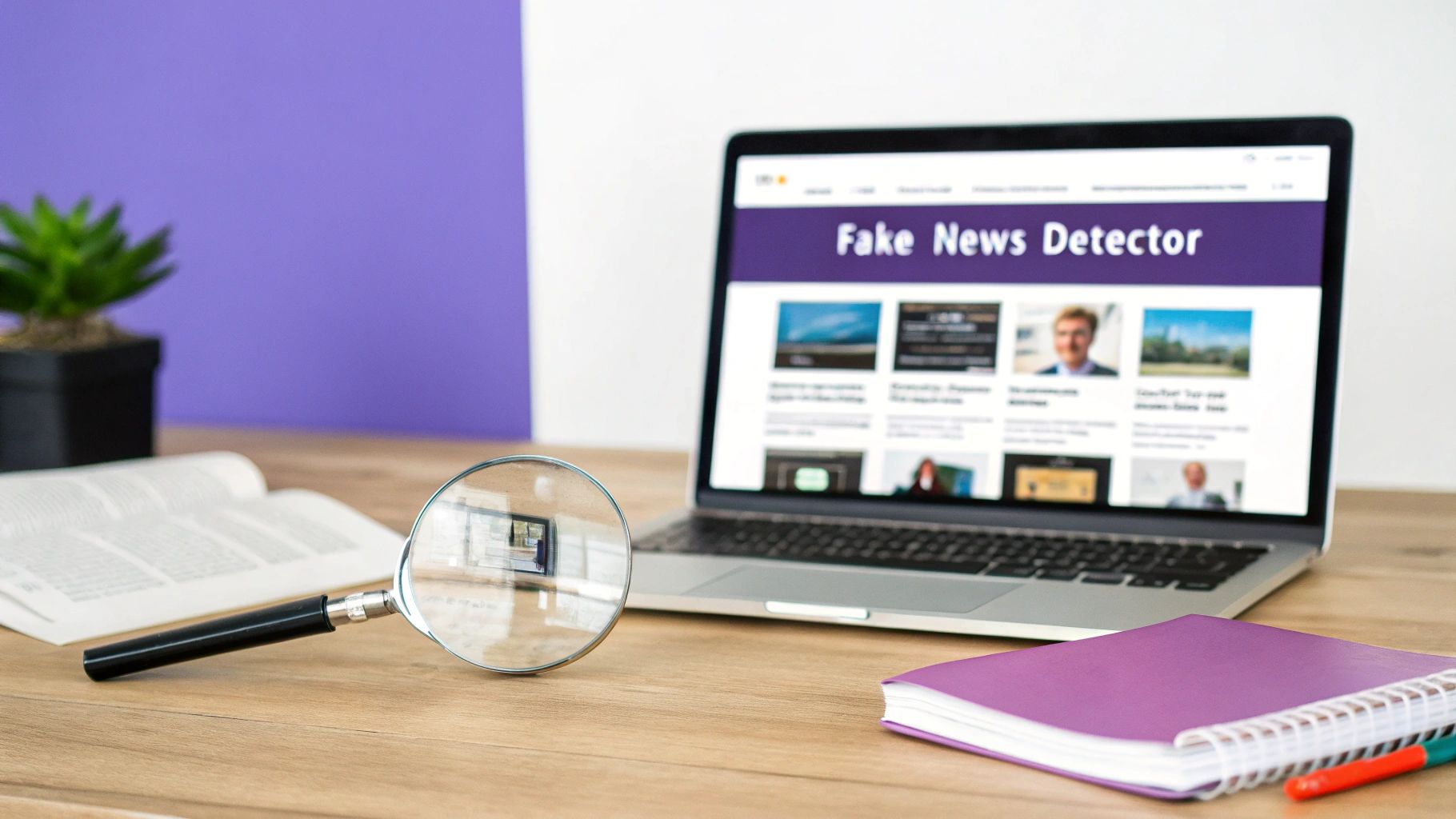 A wooden desk with a laptop displaying a 'Fake News Detector' website, a magnifying glass, and a purple notebook.