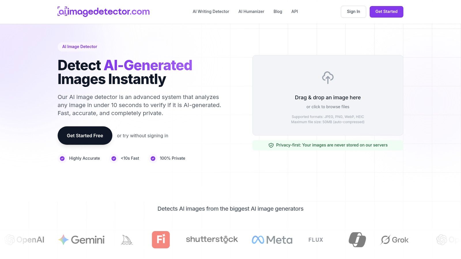 AI Image Detector's user interface showing a clear analysis result.