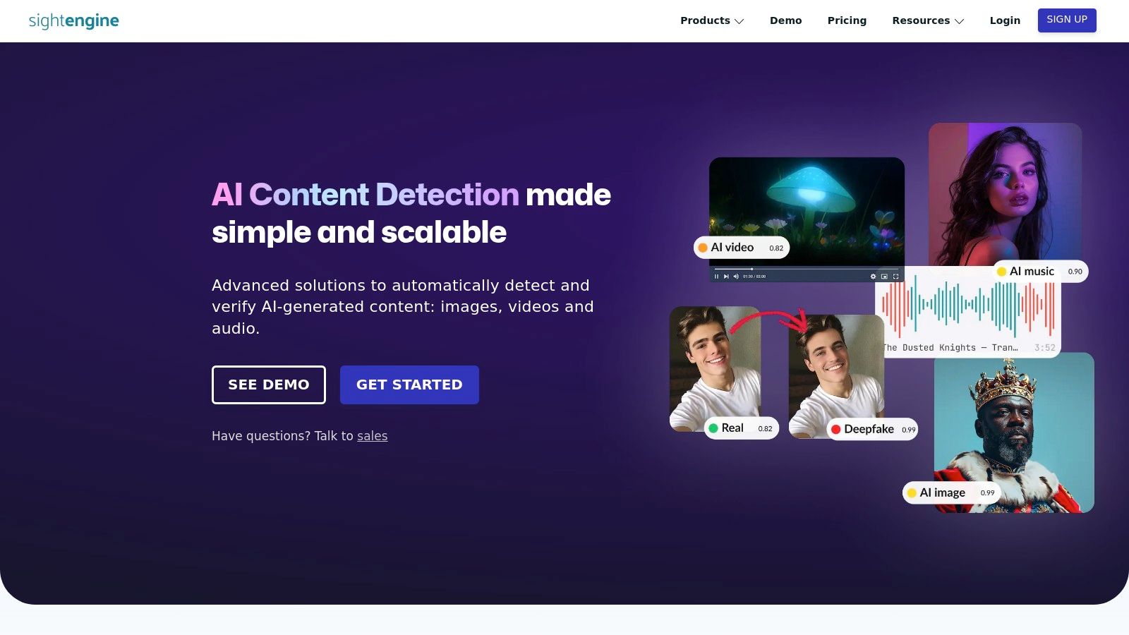 Sightengine interface showing AI-generated image detection capabilities.