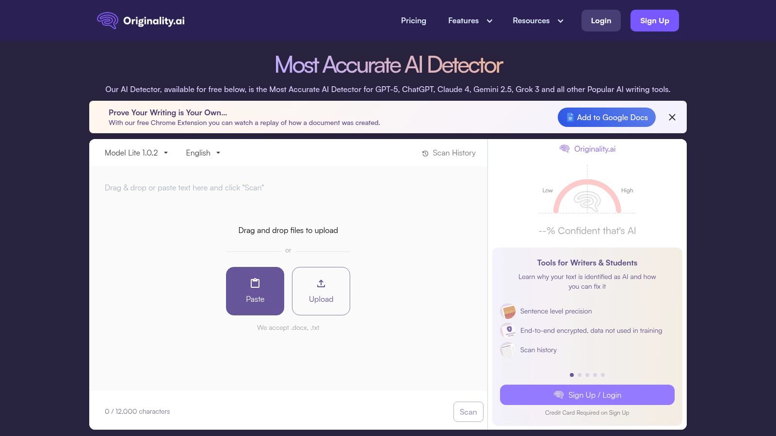 Originality.ai dashboard showing AI detection, plagiarism, and readability scores.