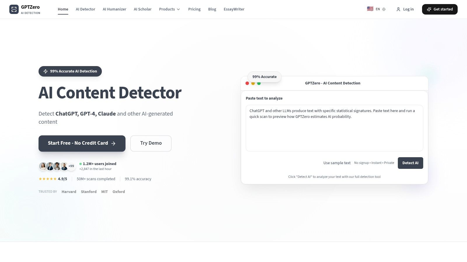 GPTZero interface showing an AI probability score for a submitted text.