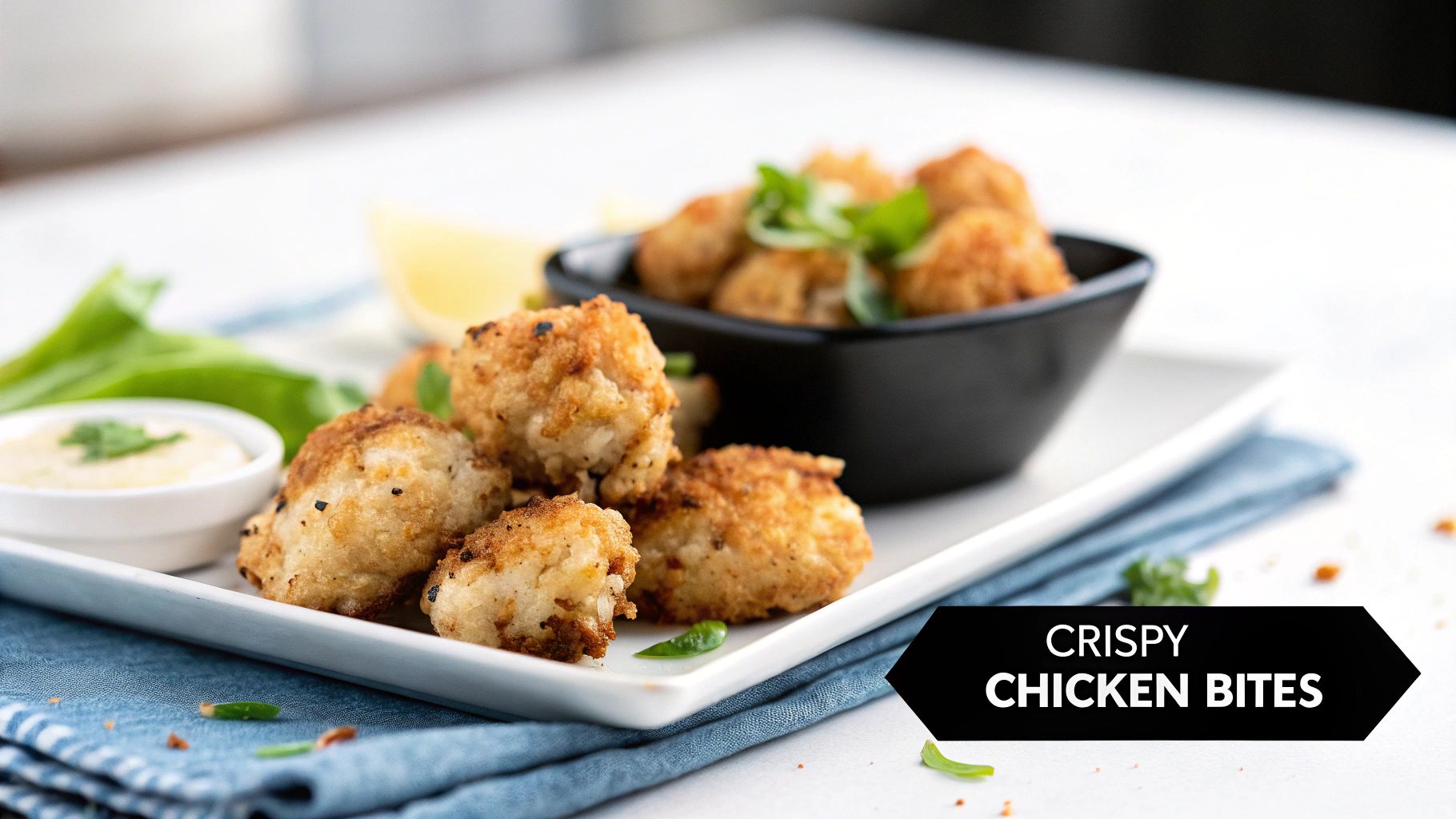 Crispy golden chicken bites arranged on a white plate with dipping sauce and a lemon slice.