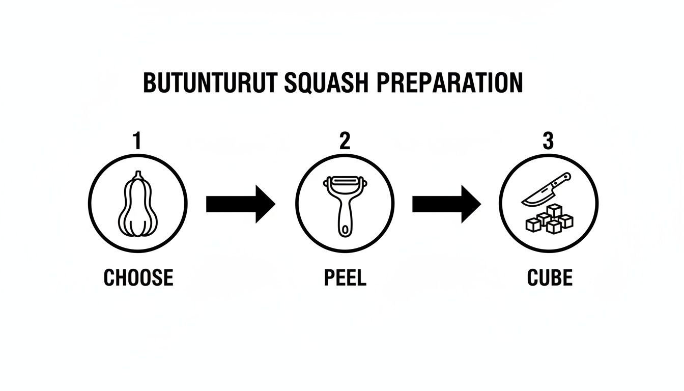 A three-step visual guide for butternut squash preparation: choose, peel with a peeler, and cube with a knife.