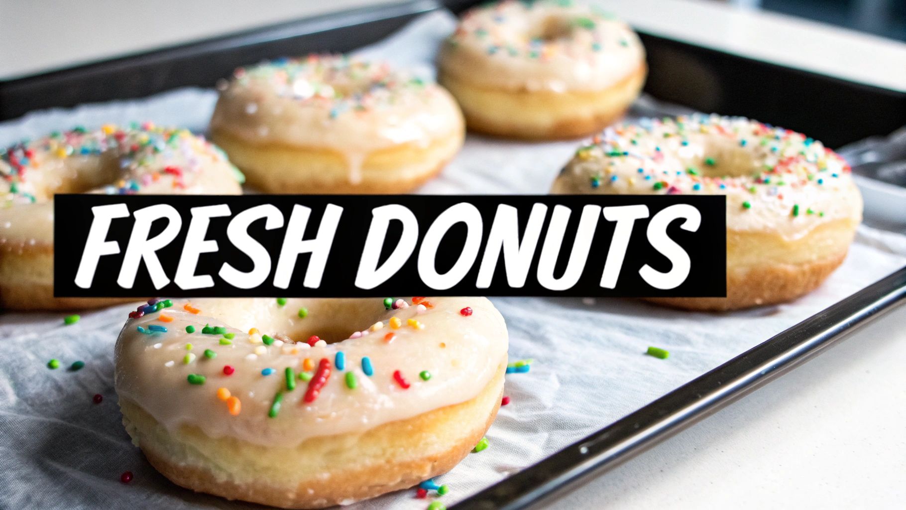 Freshly baked glazed donuts with colorful sprinkles arranged on a baking sheet, featuring text 'FRESH DONUTS'.
