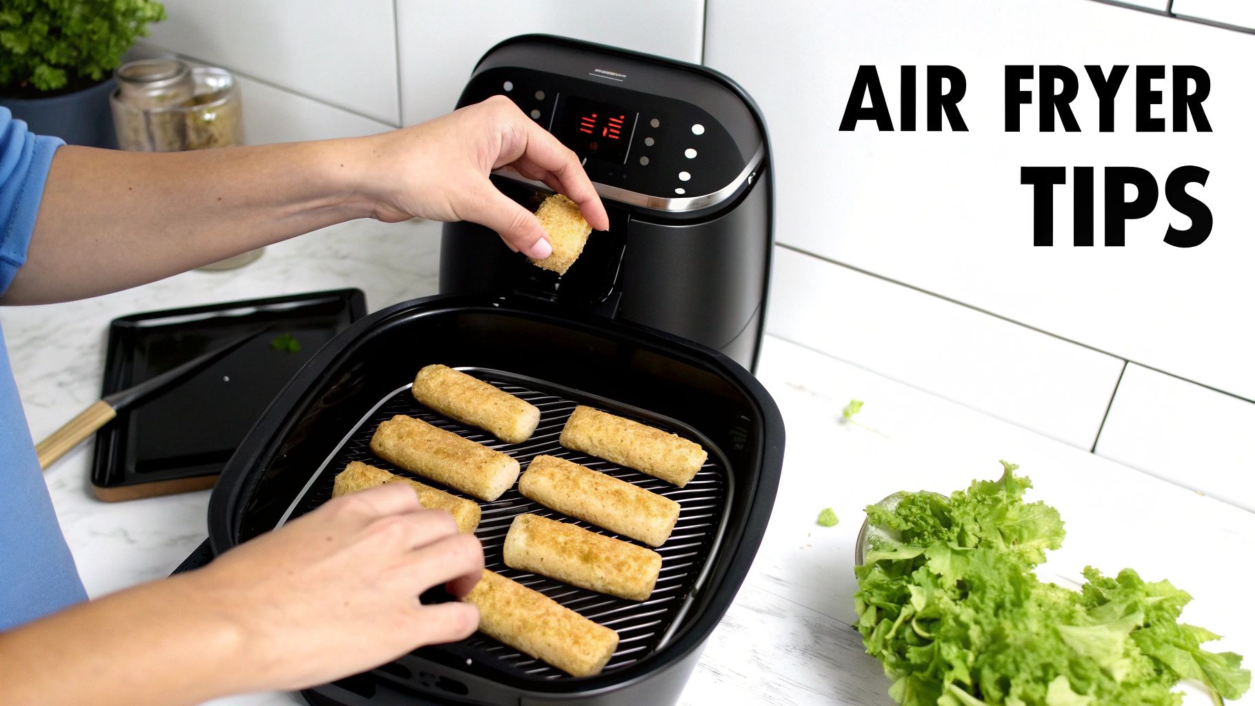 A person placing frozen mozzarella sticks into a black air fryer, with 'AIR FRYER TIPS' text.