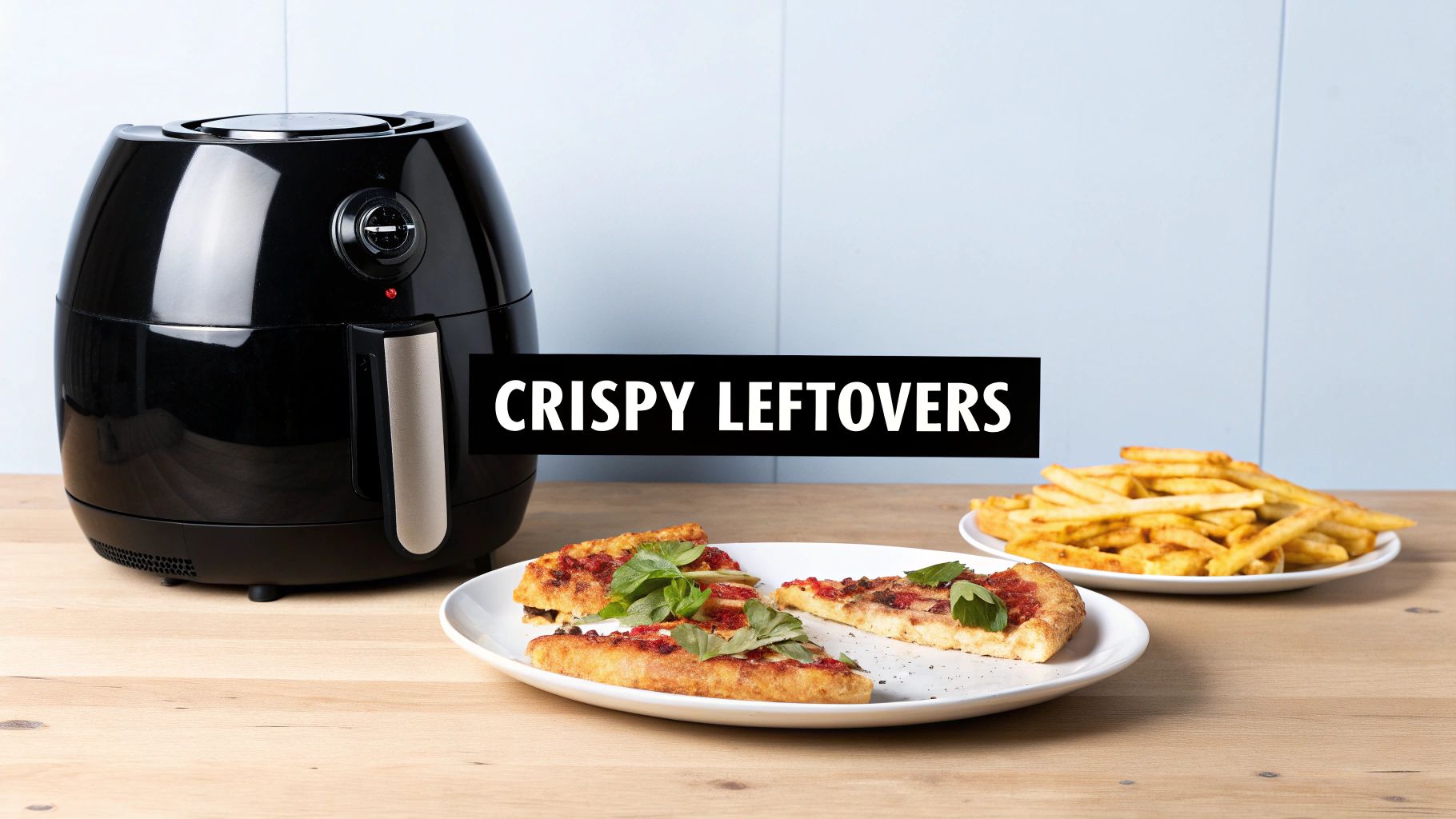 A black air fryer sits on a wooden table next to plates of crispy leftover pizza and french fries.