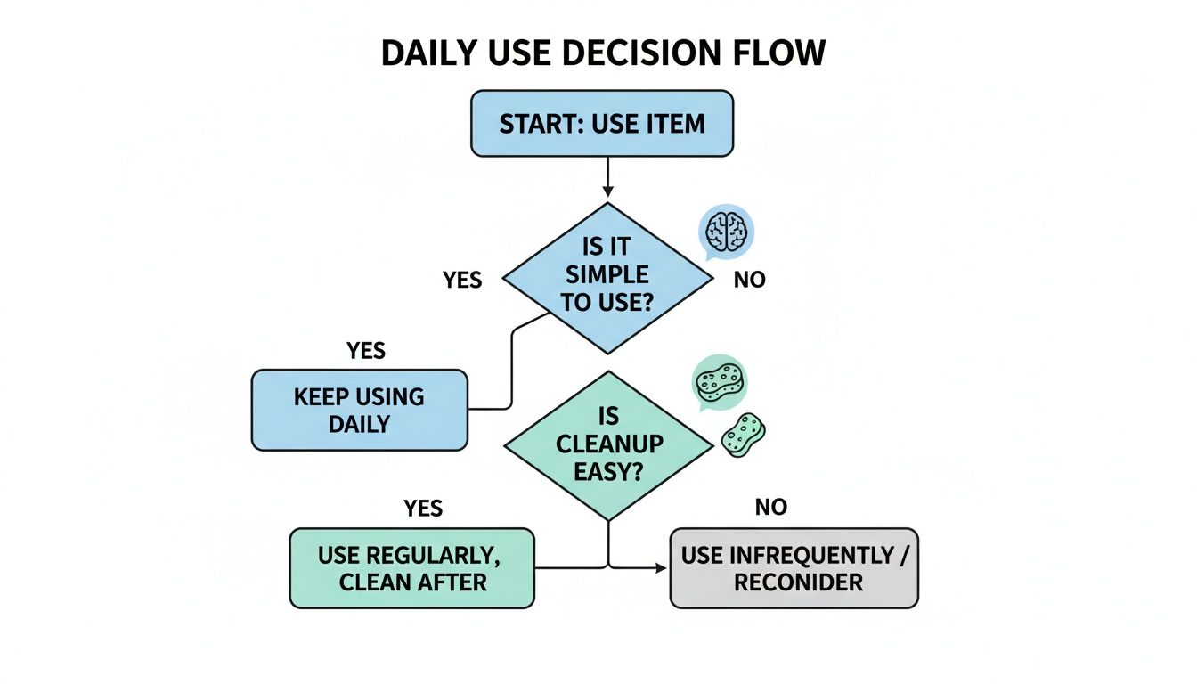Flowchart illustrating a daily use decision flow for an item based on simplicity and ease of cleanup.