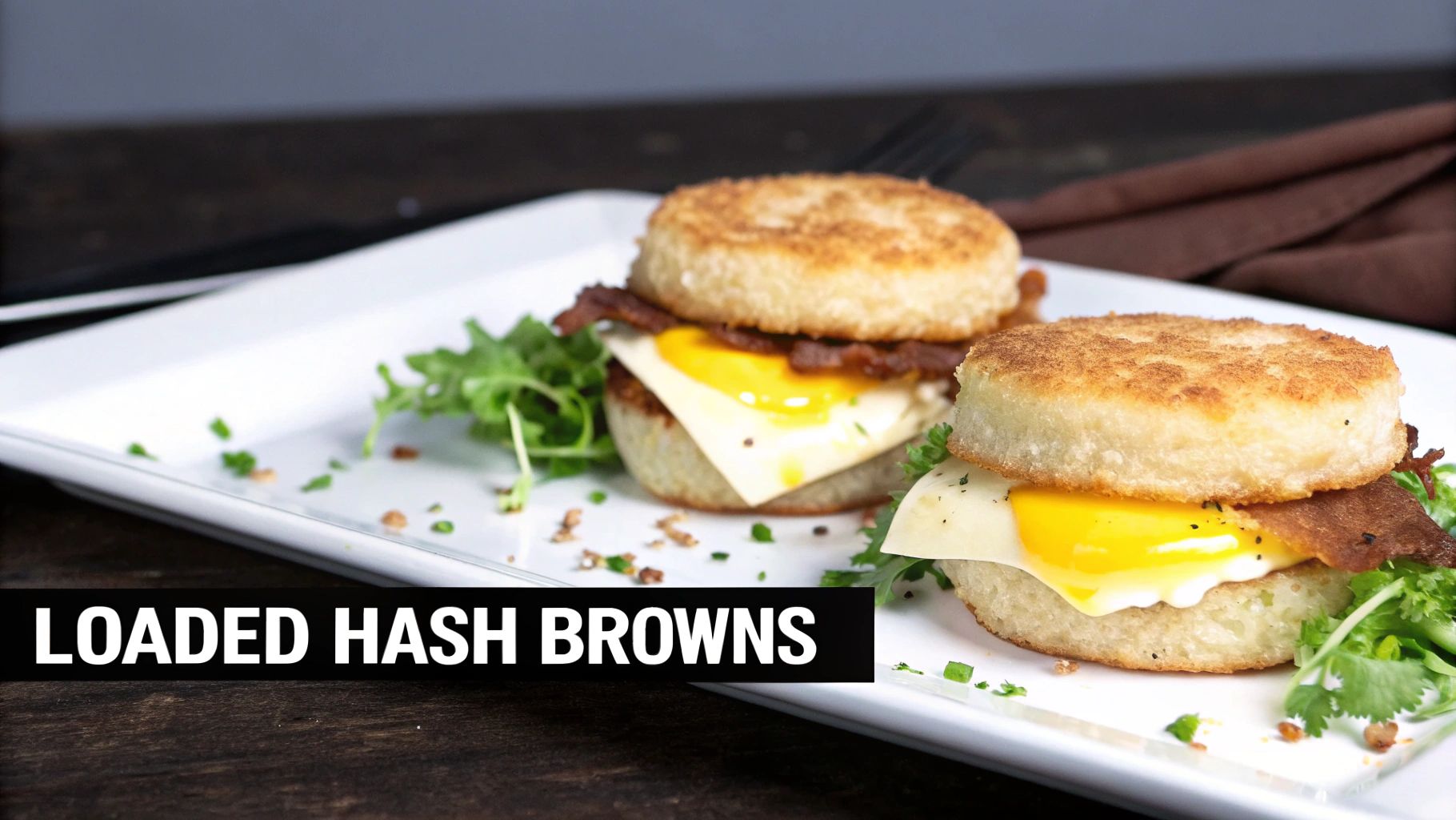 Two gourmet loaded hash brown sandwiches with egg, cheese, bacon, and greens on a white plate.