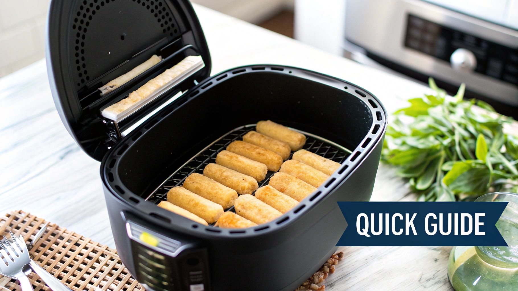 An open air fryer contains crispy golden mozzarella sticks cooking on a rack, ready to serve.
