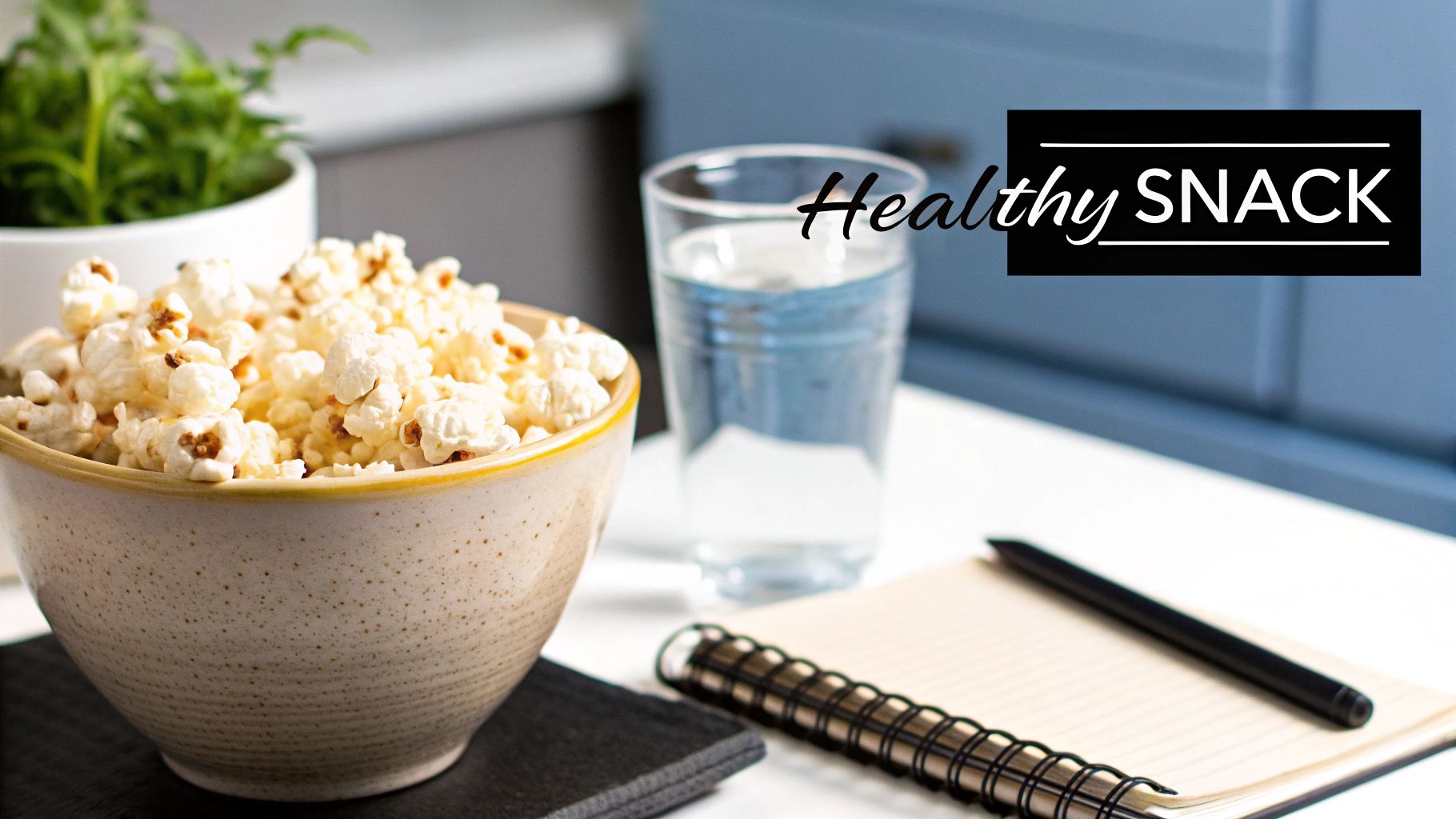A ceramic bowl filled with air-popped popcorn next to a glass of water, notebook, and pen, labeled 'Healthy SNACK'.