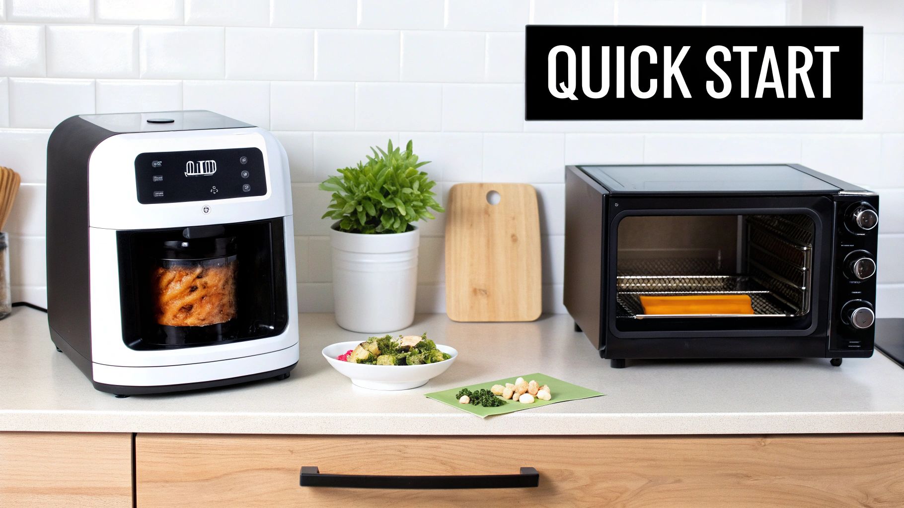 A modern kitchen counter with a smart cooker and a black air fryer oven, ready for quick meal preparation.