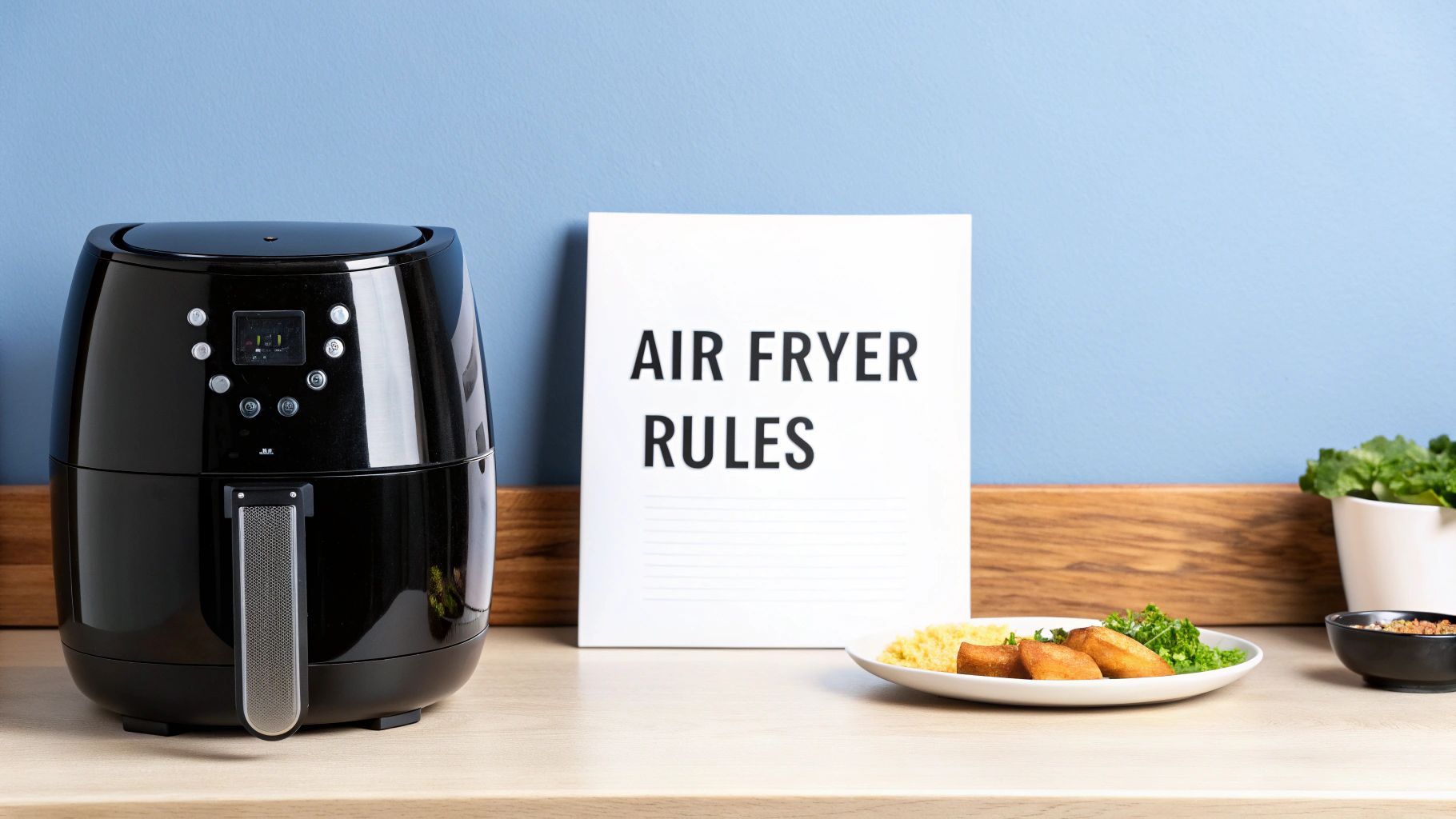 A black air fryer sits on a wooden counter next to an "Air Fryer Rules" sign and a plate of cooked food.