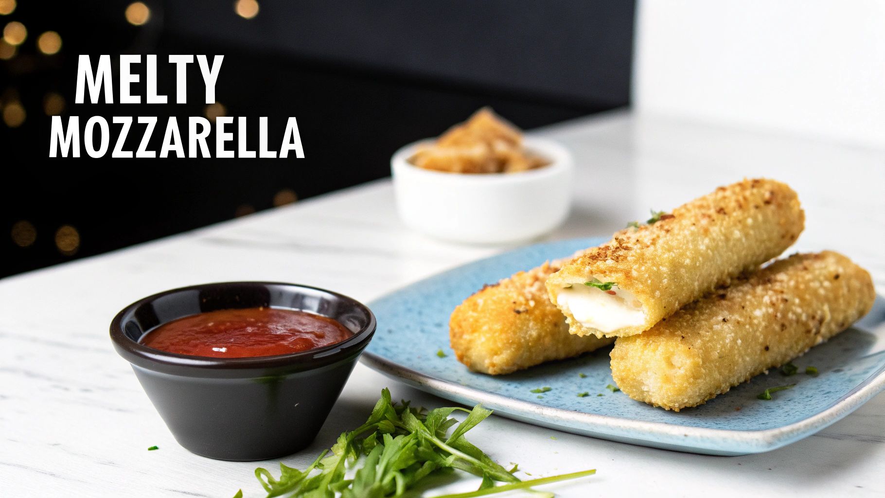 Crispy golden mozzarella sticks with melted cheese, red dipping sauce, and fresh green herbs.