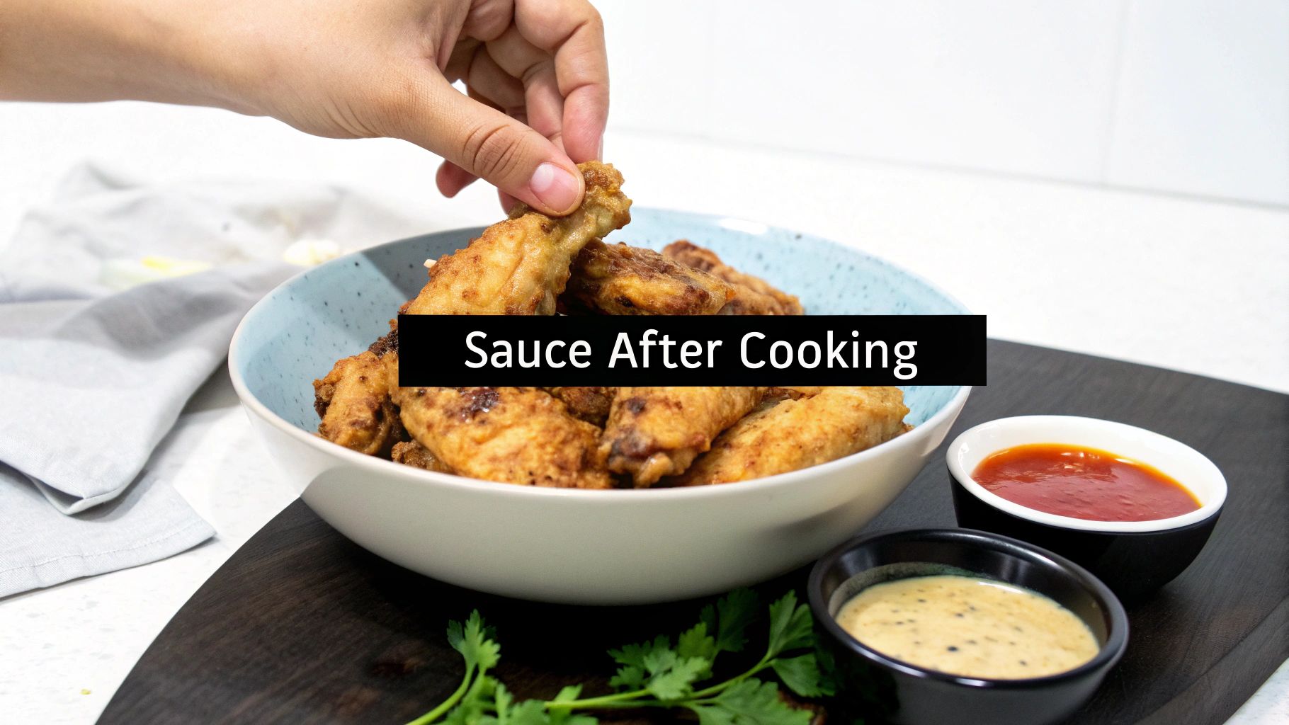 A hand picks a golden fried chicken wing from a bowl, with two dipping sauces and parsley.