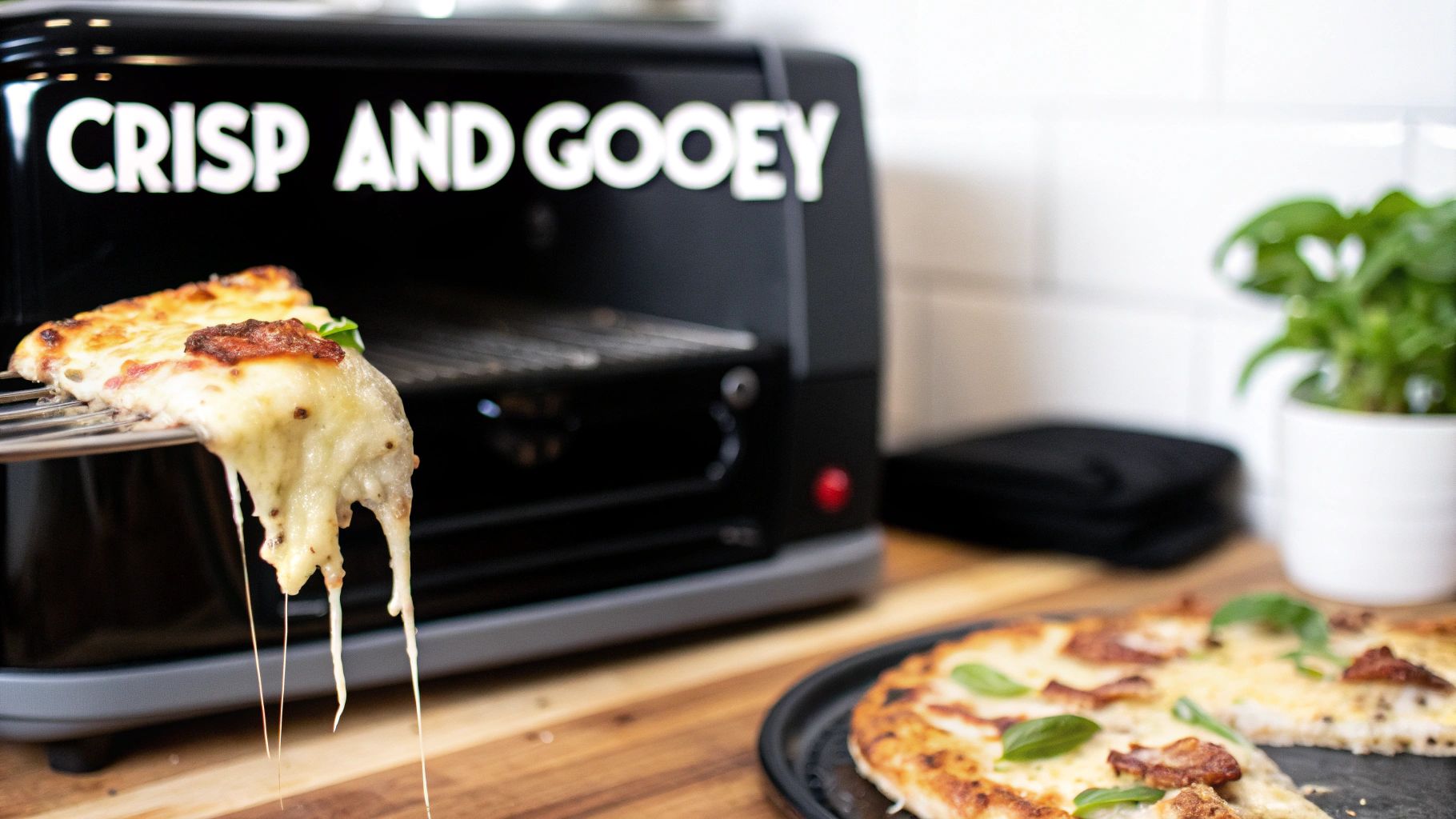 A gooey, cheesy pizza slice is pulled from a black pizza oven with strings of melted cheese.