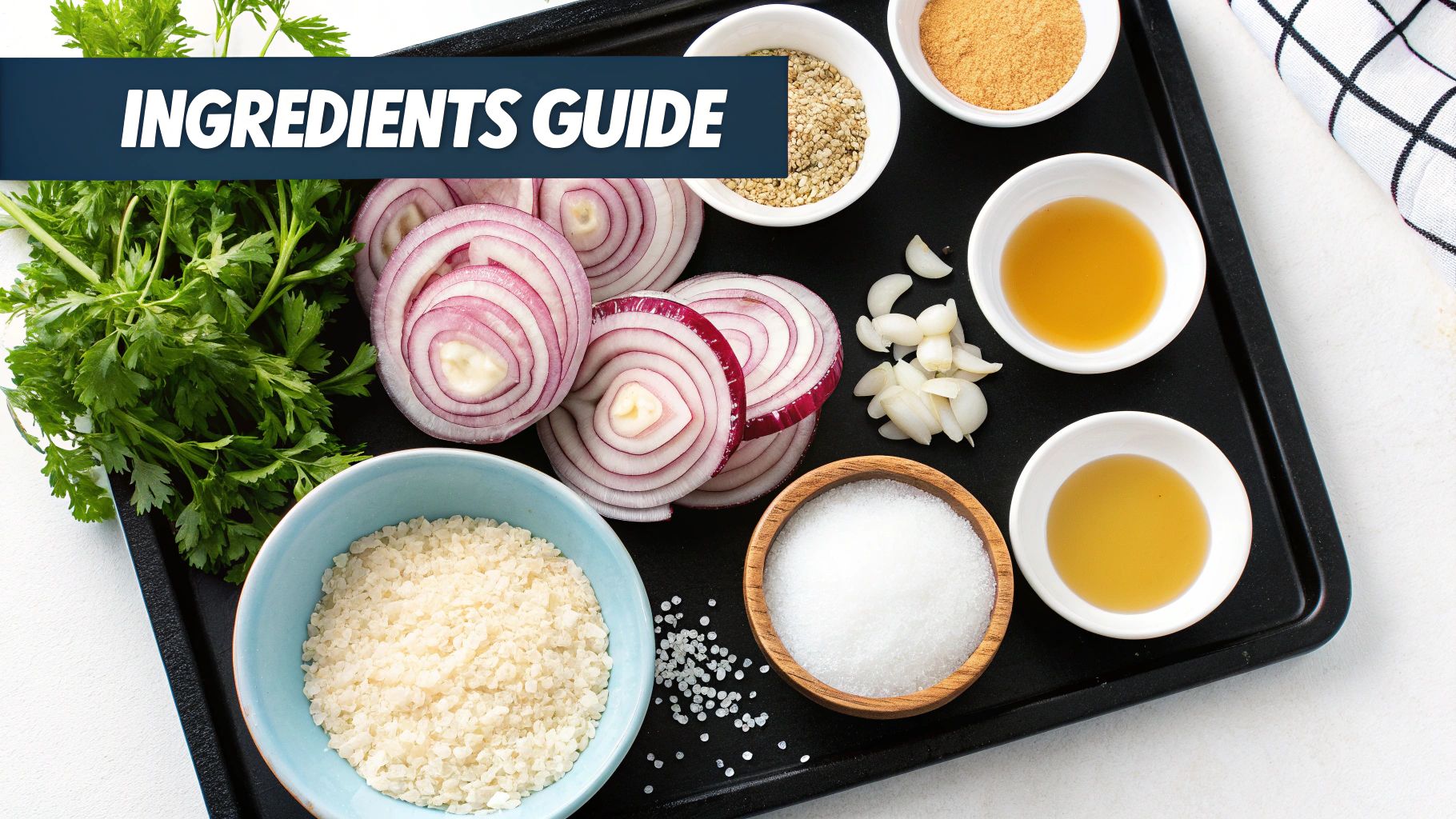 A collection of fresh ingredients: red onions, garlic, parsley, salt, sugar, and liquids on a black tray.