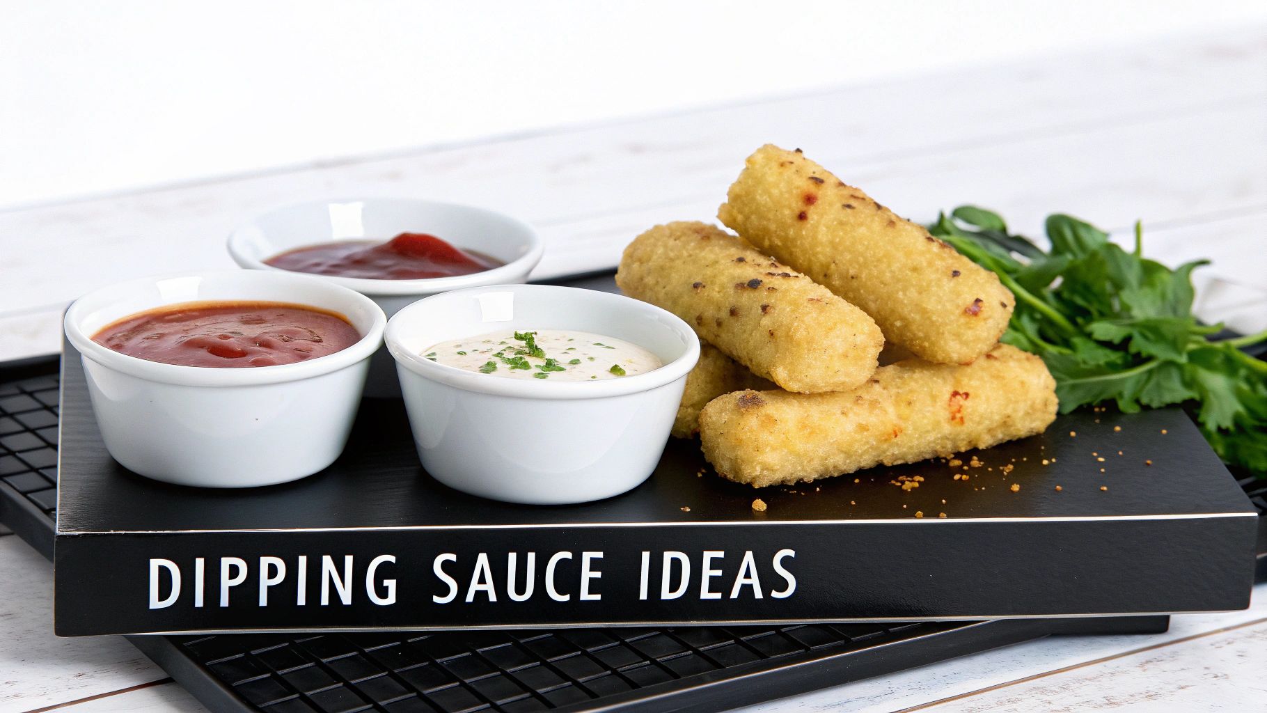 Crispy mozzarella sticks served with three different dipping sauces on a black tray labeled 'DIPPING SAUCE IDEAS'.