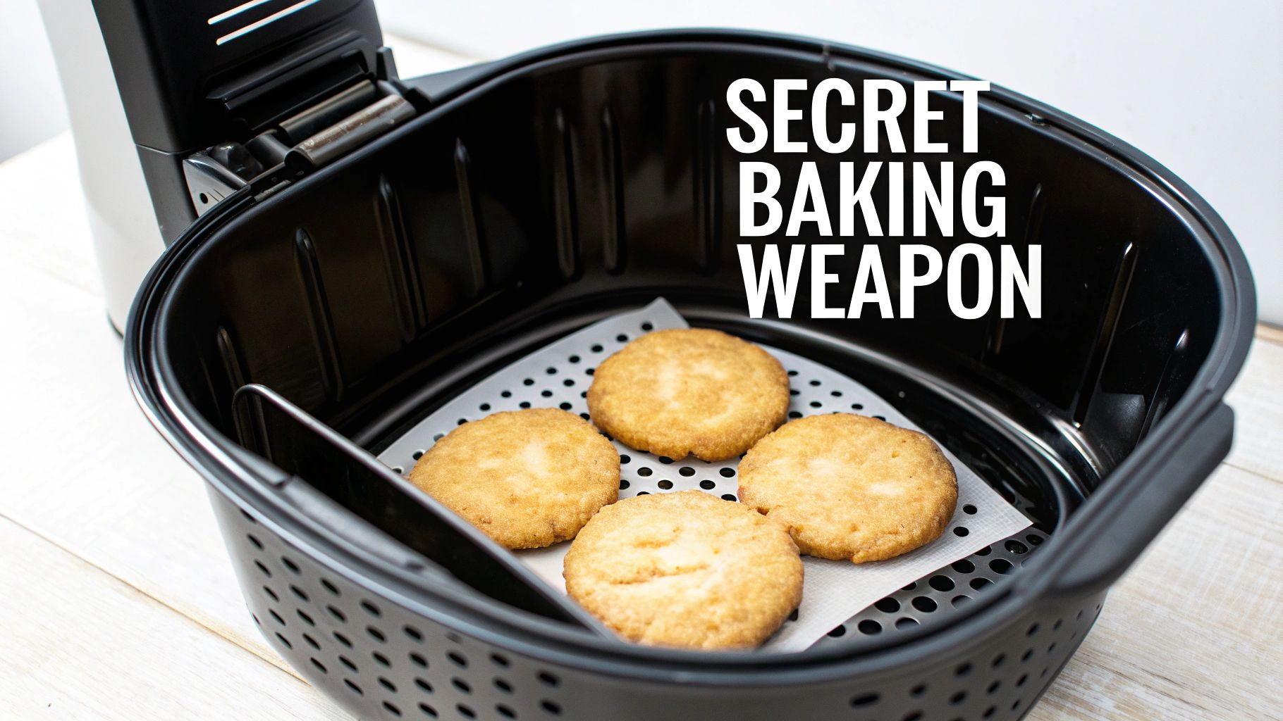Four golden-brown cookies rest on parchment paper inside a black air fryer basket.