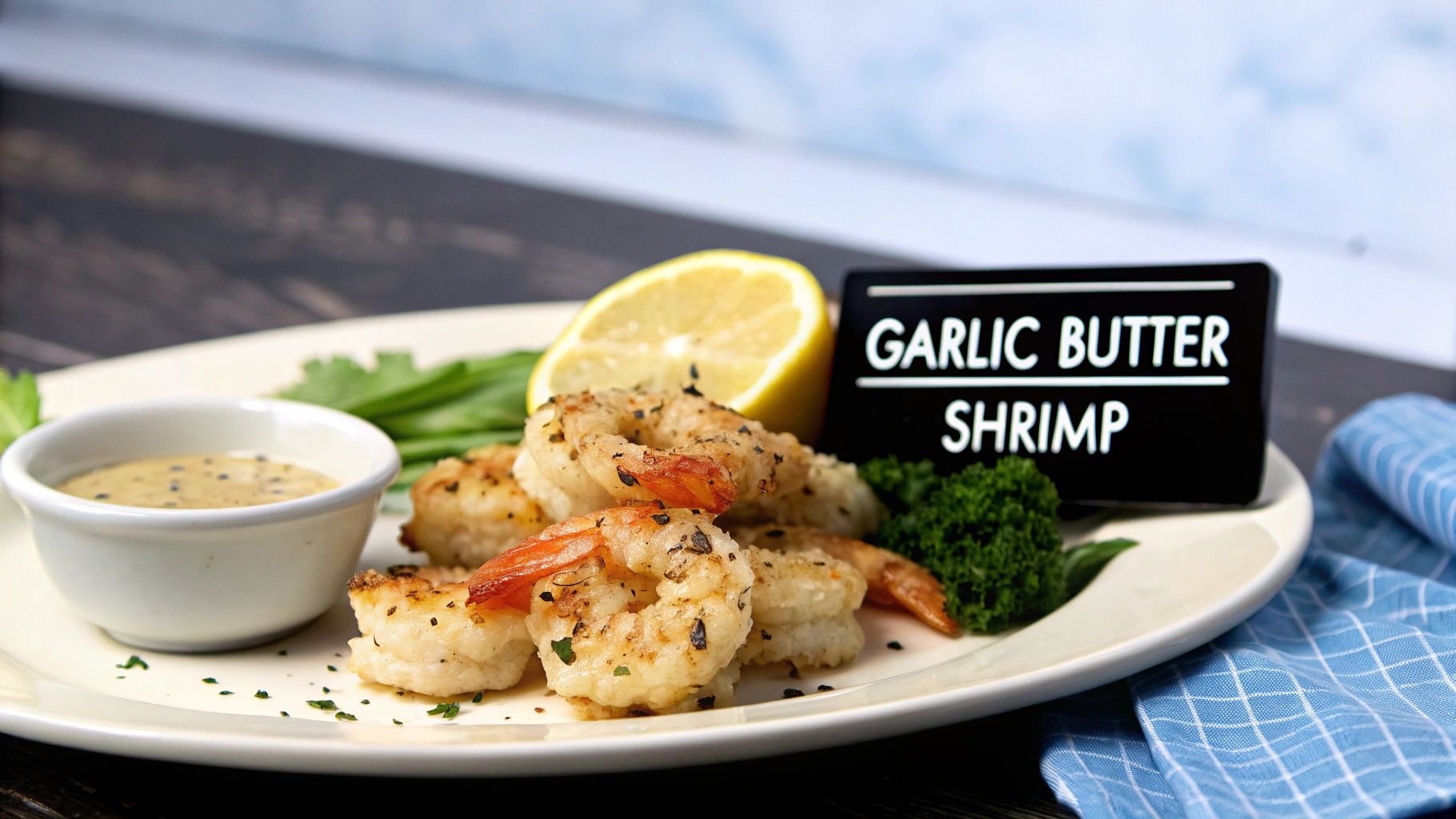 A close-up of a plate of golden-brown garlic butter shrimp served with lemon, sauce, and greens.