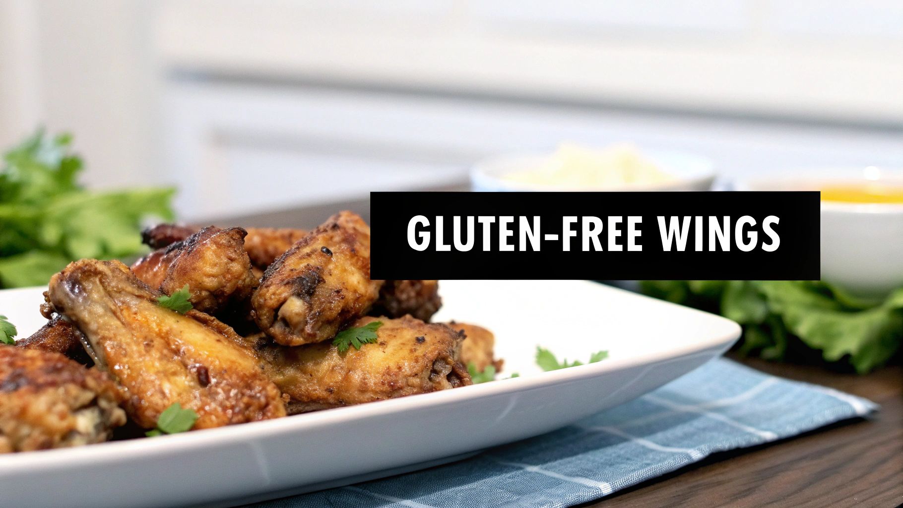 A plate of golden, crispy gluten-free chicken wings garnished with parsley, with sauces in the background.