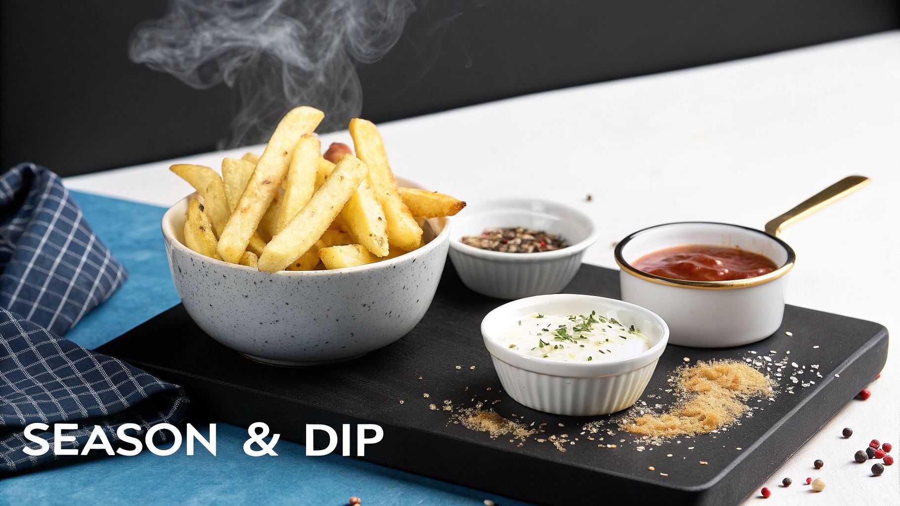 Steaming french fries in a bowl, with ketchup, creamy dip, and various seasonings on a serving board.