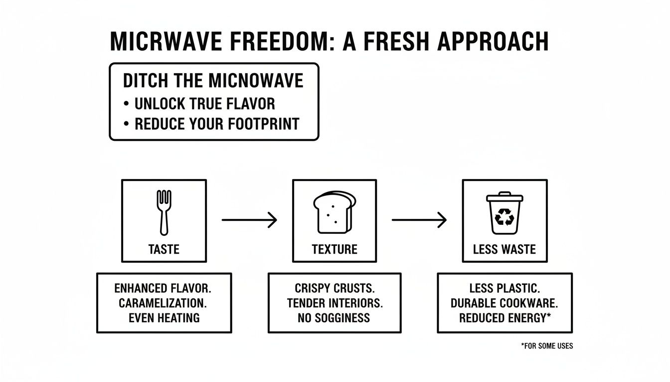 Infographic illustrating the benefits of ditching the microwave for enhanced taste, texture, and reduced waste.