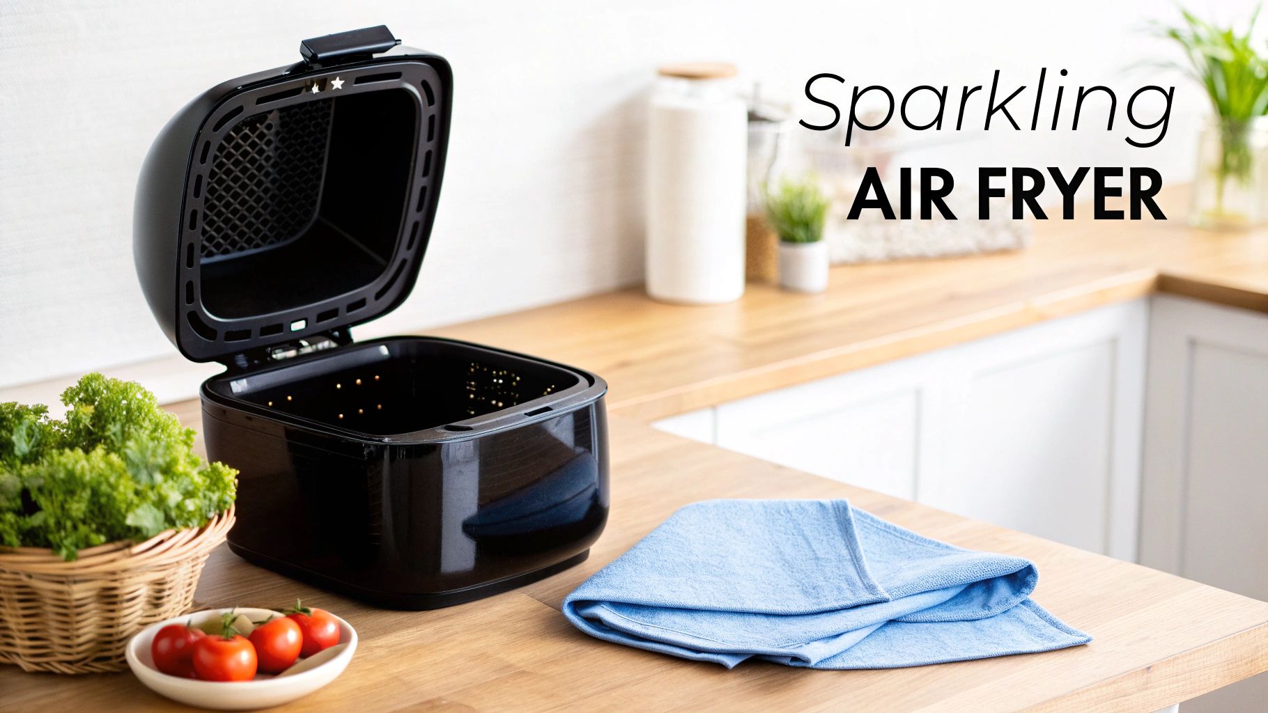 An open black air fryer on a kitchen counter next to fresh vegetables and a blue cleaning cloth.