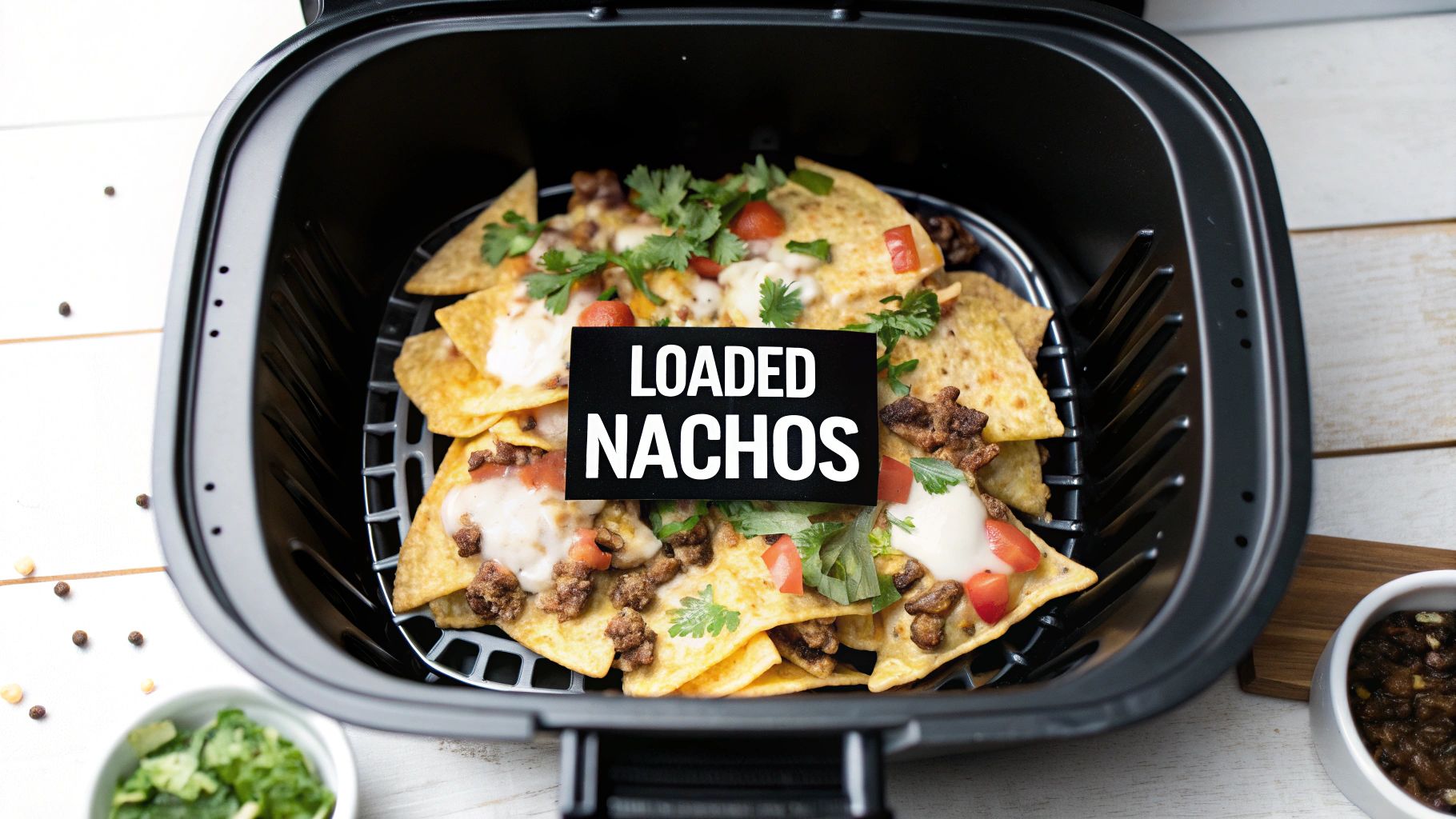 An air fryer basket filled with loaded nachos topped with melted cheese, ground beef, and fresh cilantro.