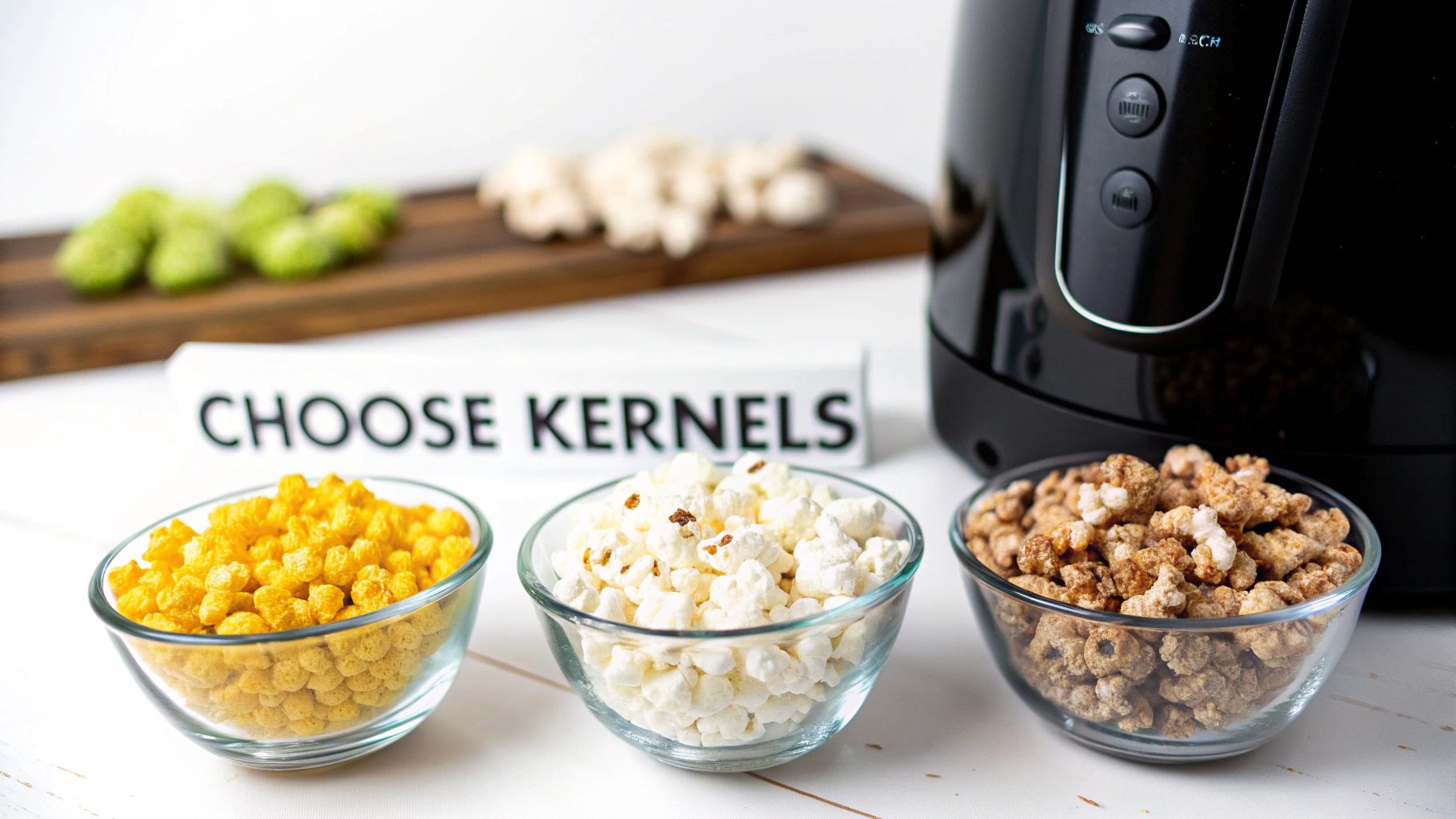 Three bowls displaying yellow kernels, white popped popcorn, and caramel popcorn next to a popcorn machine.