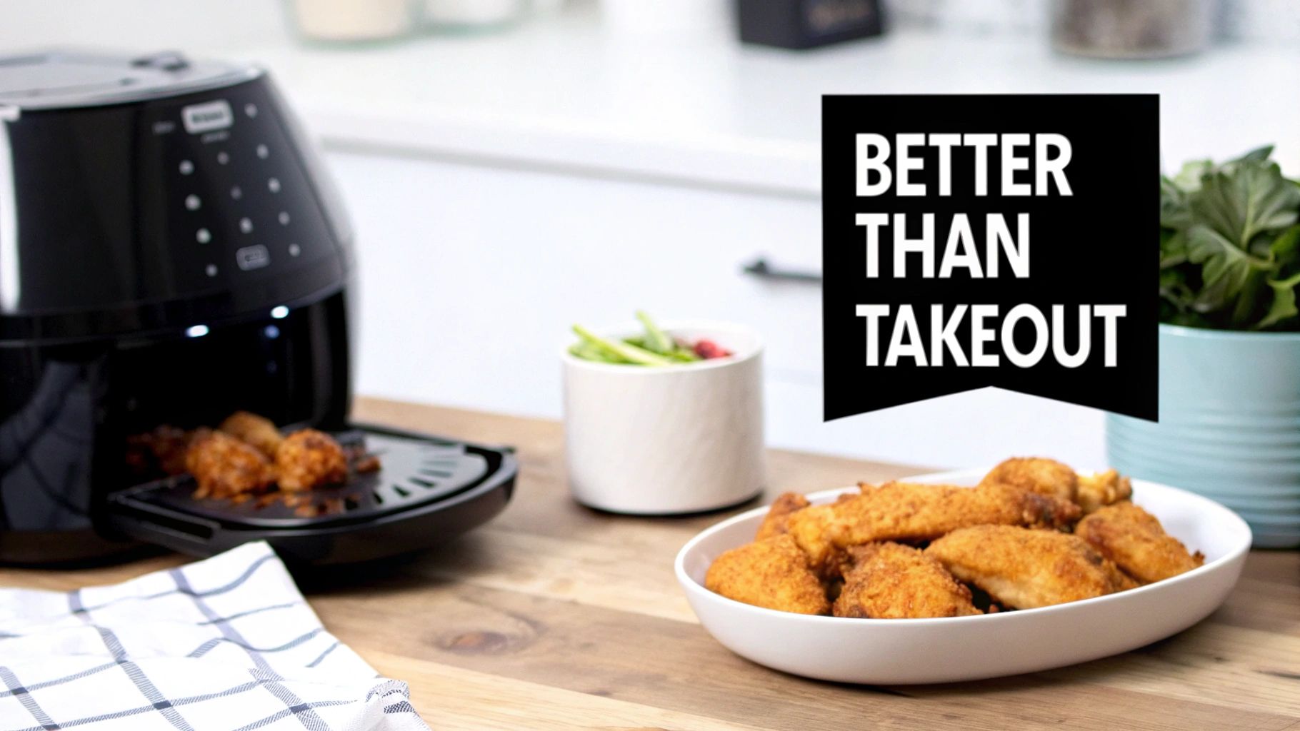 An air fryer with chicken wings inside, a plate of cooked wings, and 'Better Than Takeout' text.