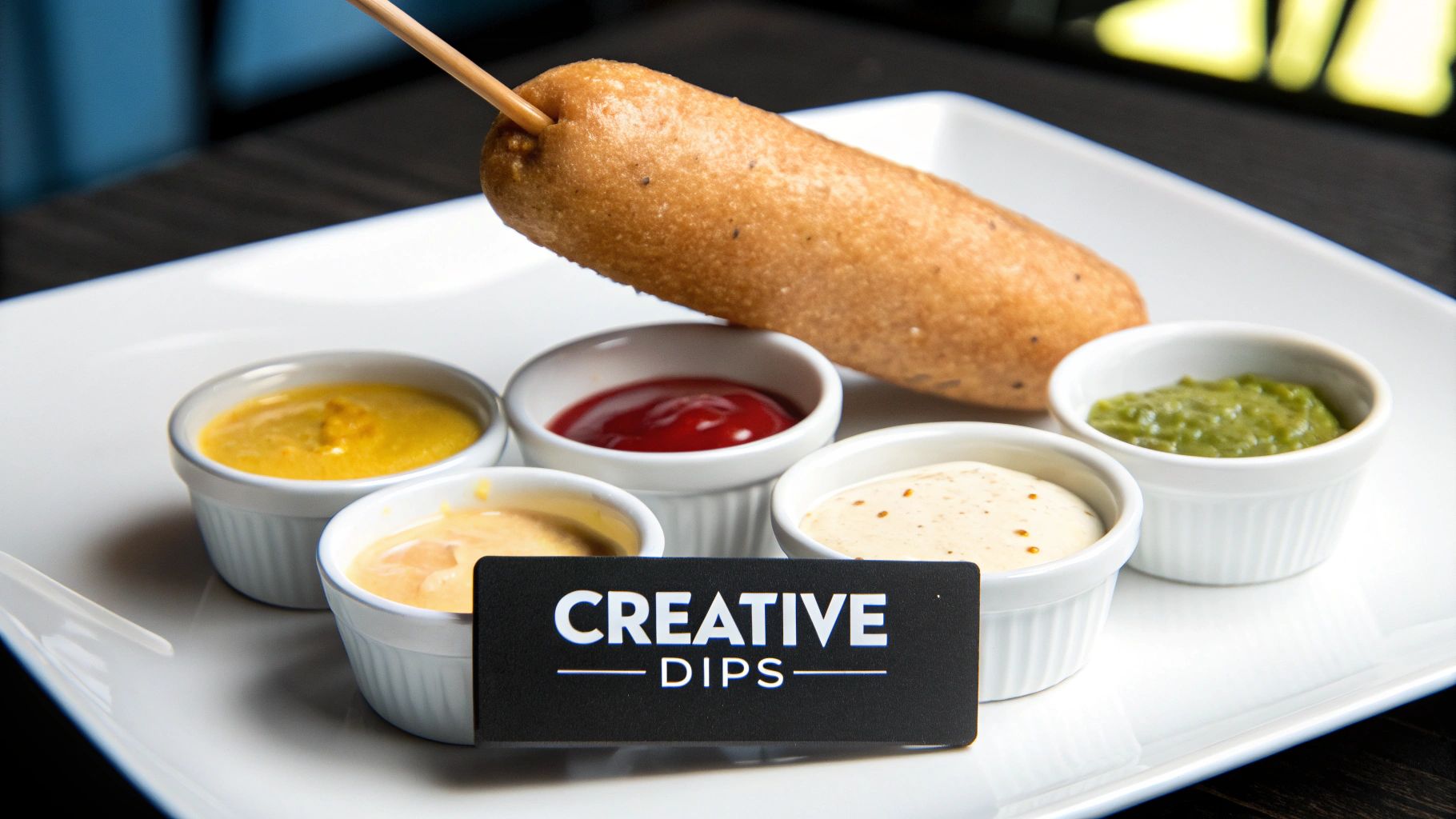 A golden corn dog on a stick, served with five bowls of creative dipping sauces on a white plate.