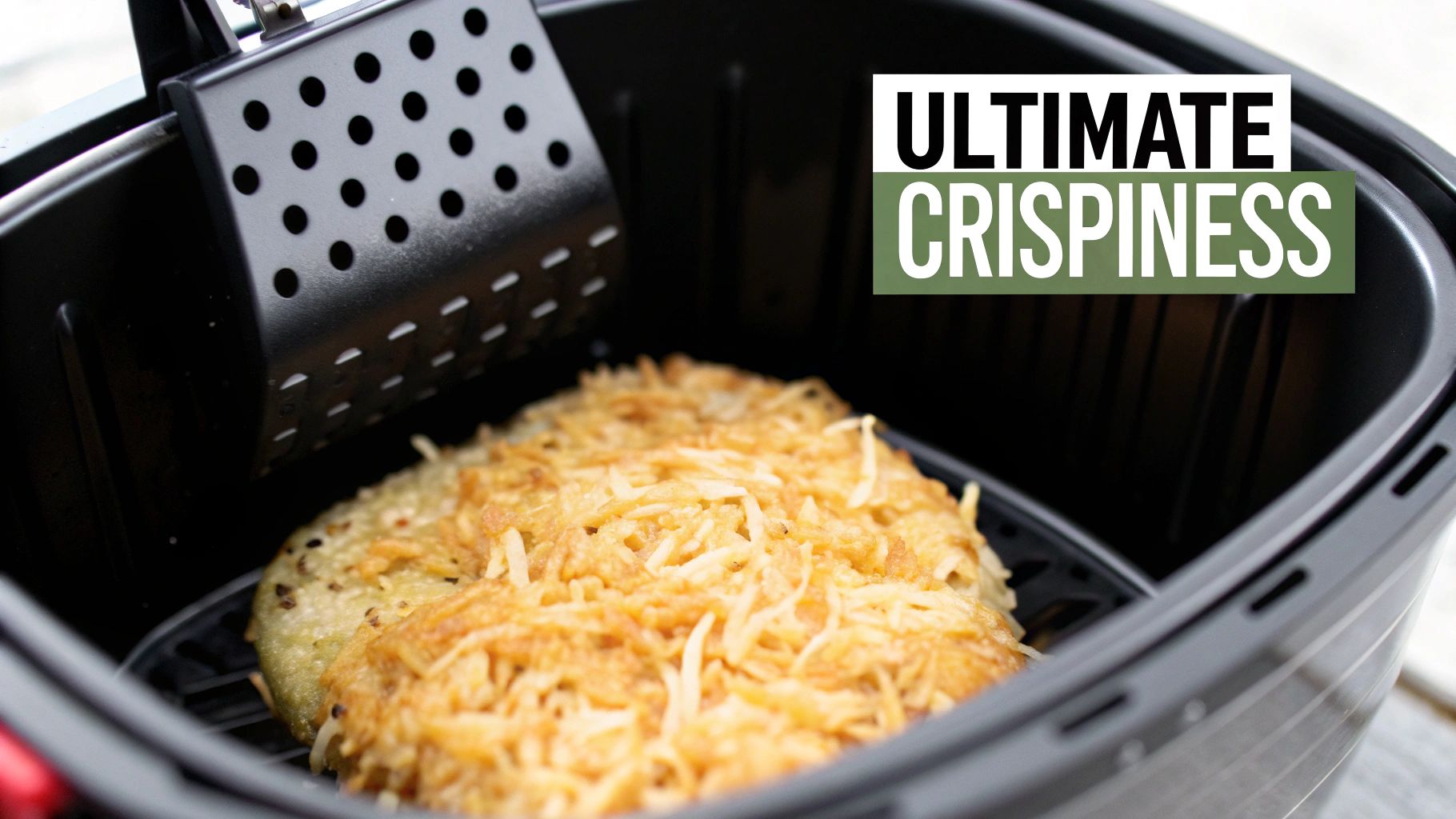 Golden-brown, crispy hash browns cooking inside a black air fryer basket, promising ultimate crispiness.