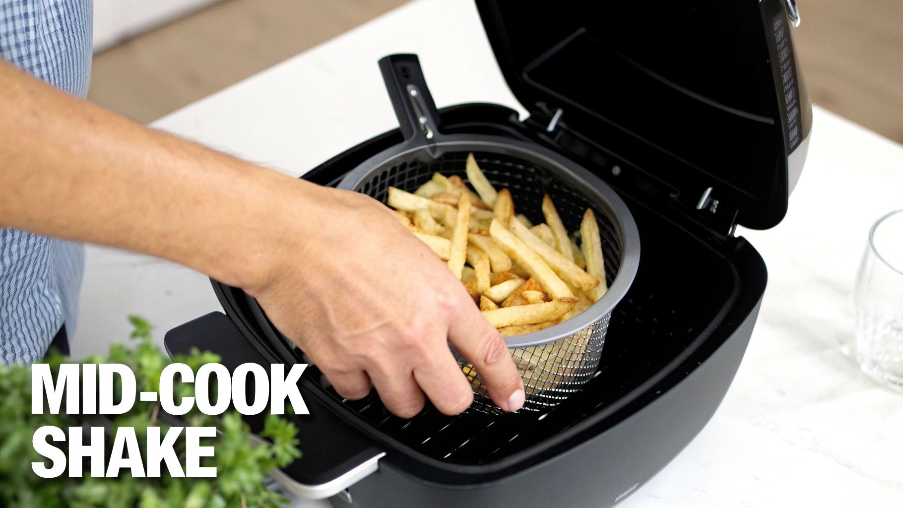 A person's hands shaking a basket of golden french fries inside an air fryer during cooking.
