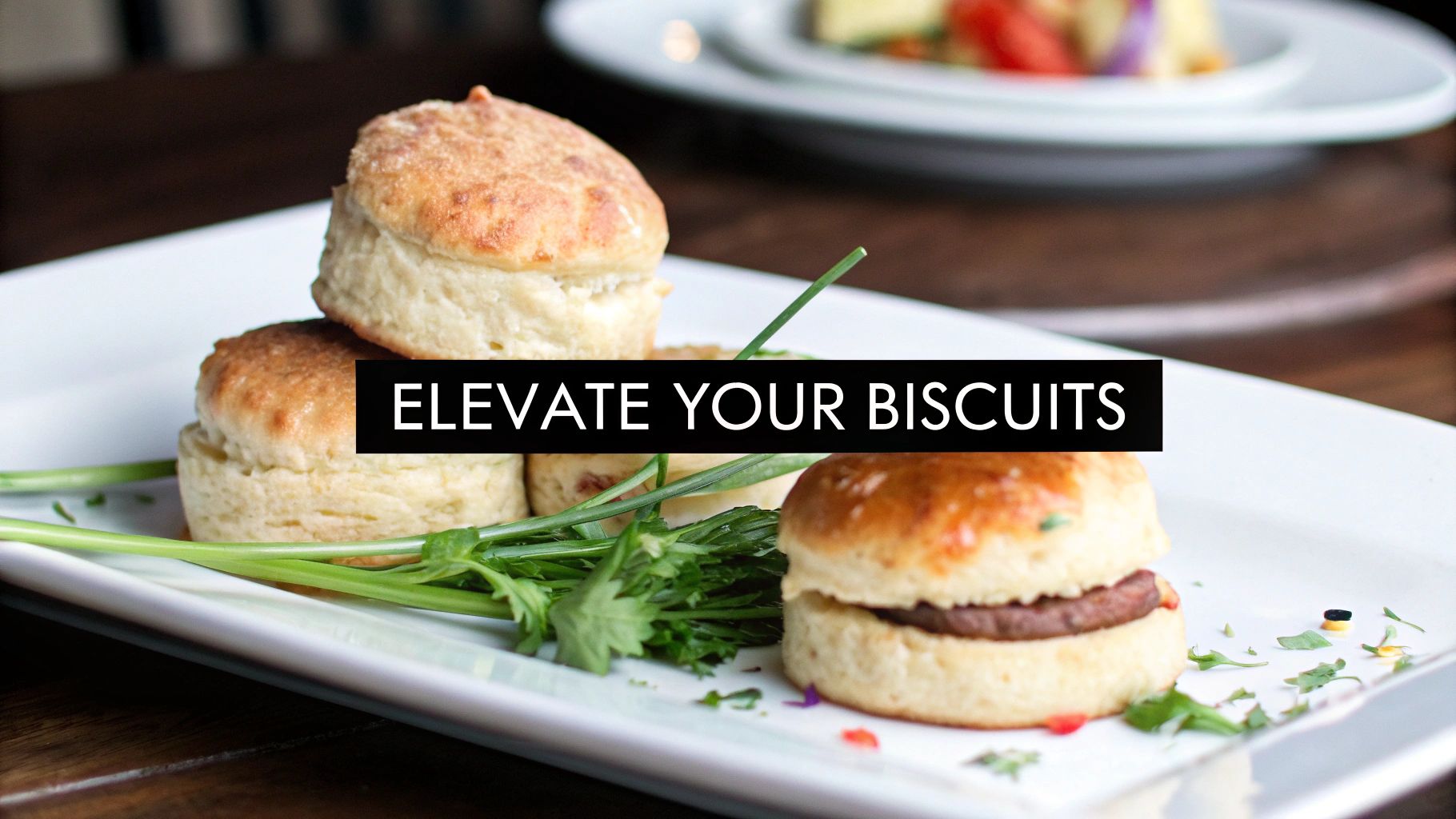 A white plate holds a stack of golden biscuits and a biscuit sandwich, garnished with fresh herbs.