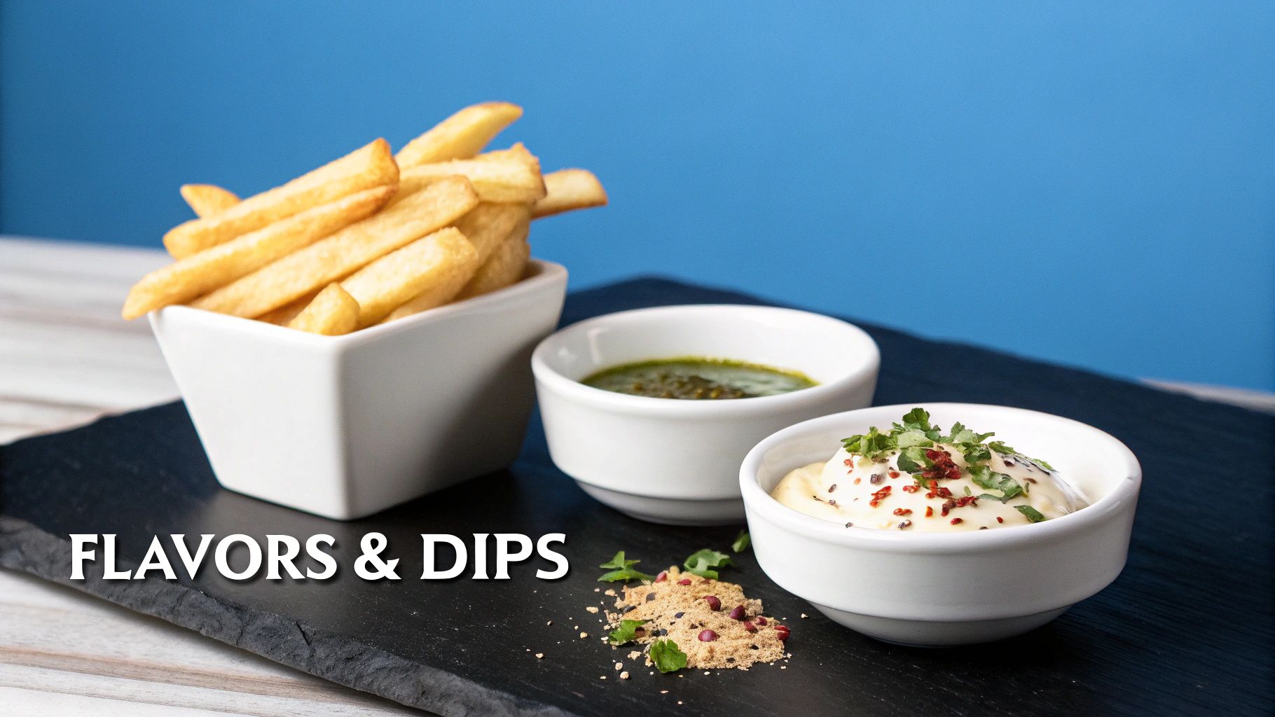 A bowl of golden french fries with two small bowls of flavorful dips and spices on a slate.