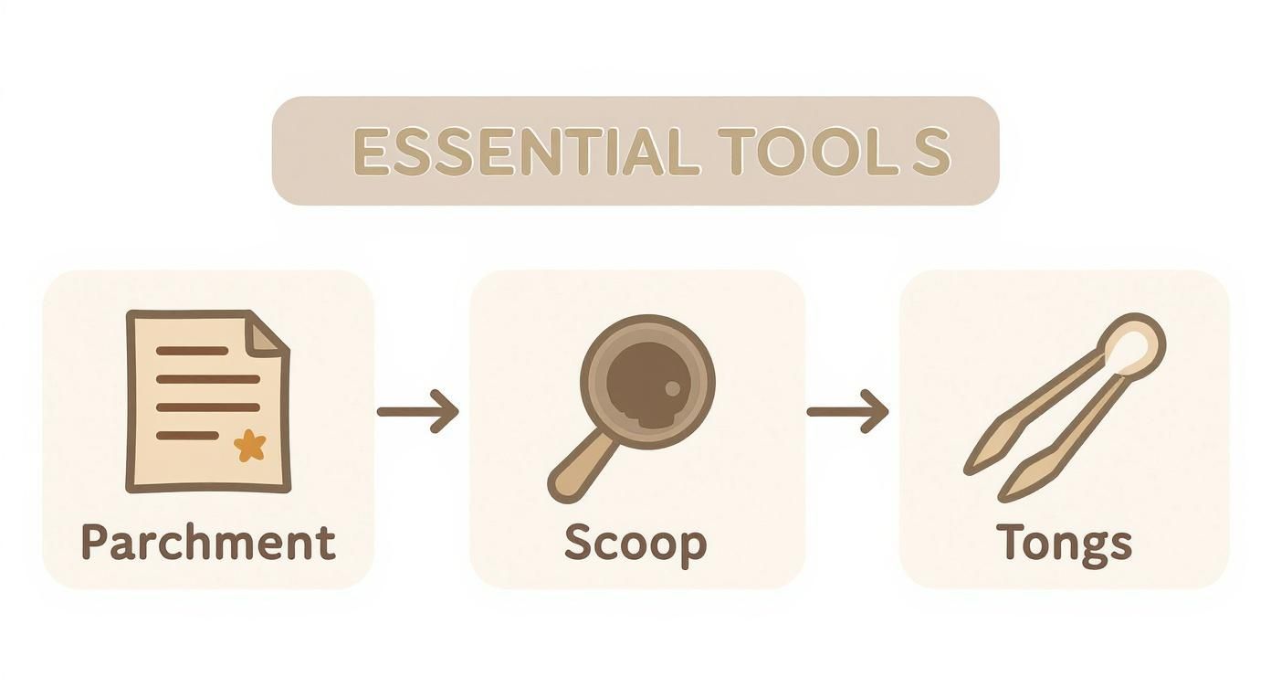 An illustration of essential tools for baking, showing parchment, a scoop, and tongs with arrows.