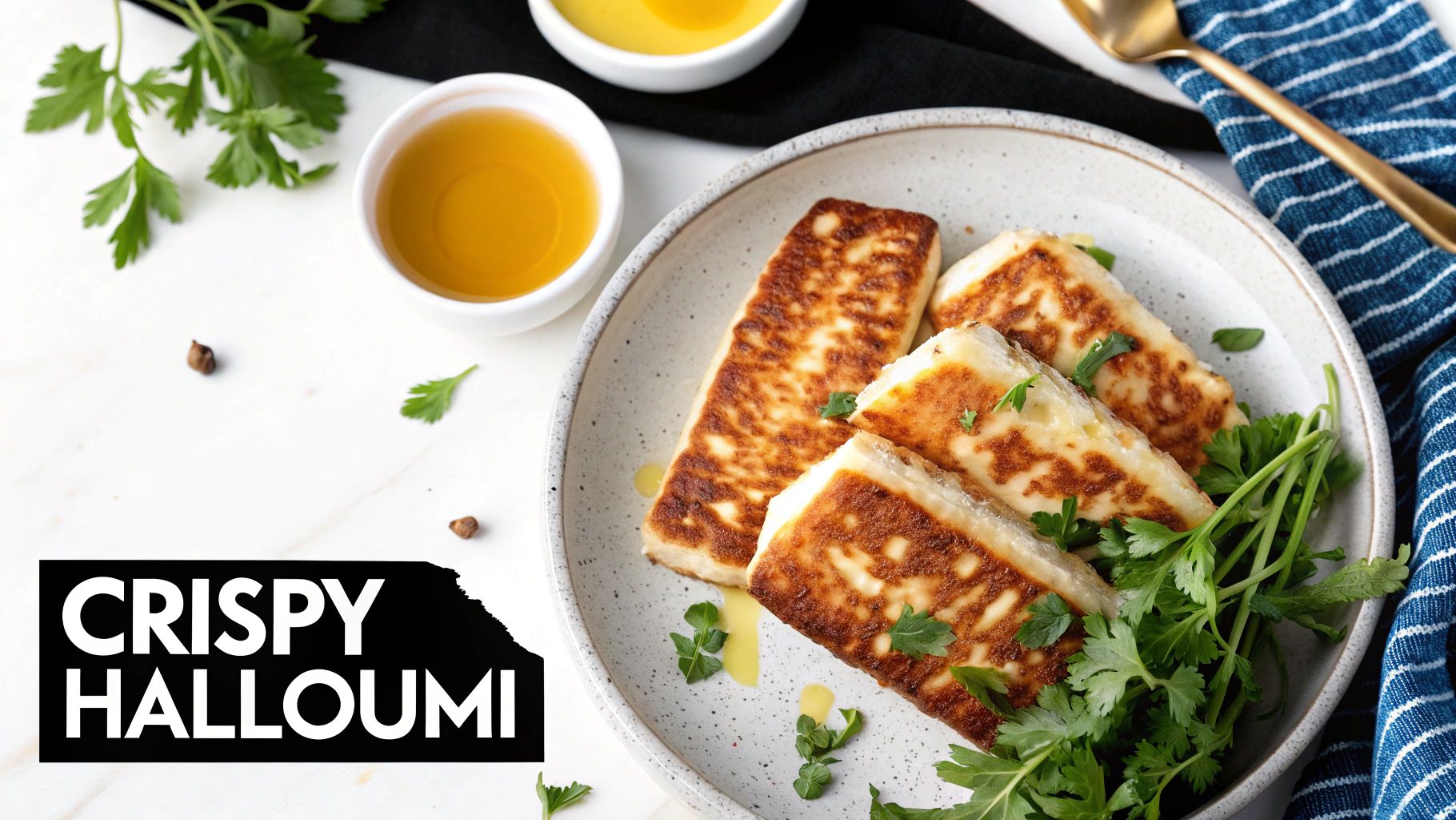 A close-up of crispy, pan-fried halloumi cheese garnished with fresh parsley on a speckled plate, with honey bowls.